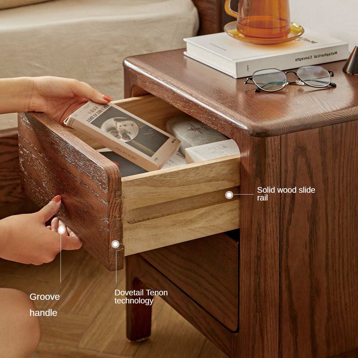 Solid Oak Wood Nightstand with 2 Drawers - Bedside Table for Bedroom, Living Room, or Guest Room Storage