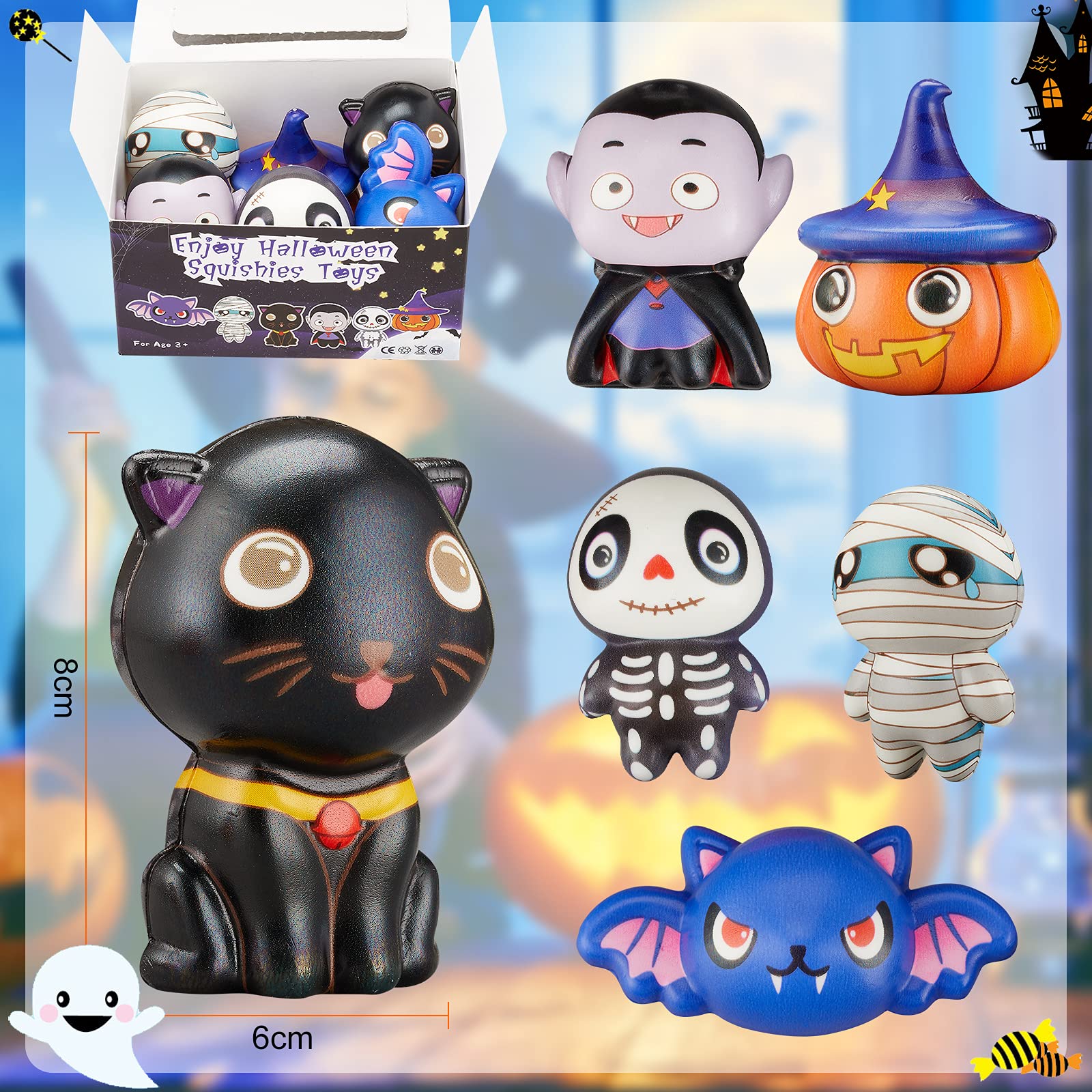 Halloween Squishy Toys 6 Pack - Pumpkin, Vampire, Cat for Kids Party Favors | Stress Relief & Fun Gifts
