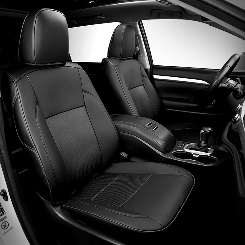 Premium Black Leatherette Waterproof Car Seat Covers Full Set - 7-Piece Custom Fit for 2015-2019 Toyota Highlander | Durable Protection for Family Road Trips & Daily Commutes