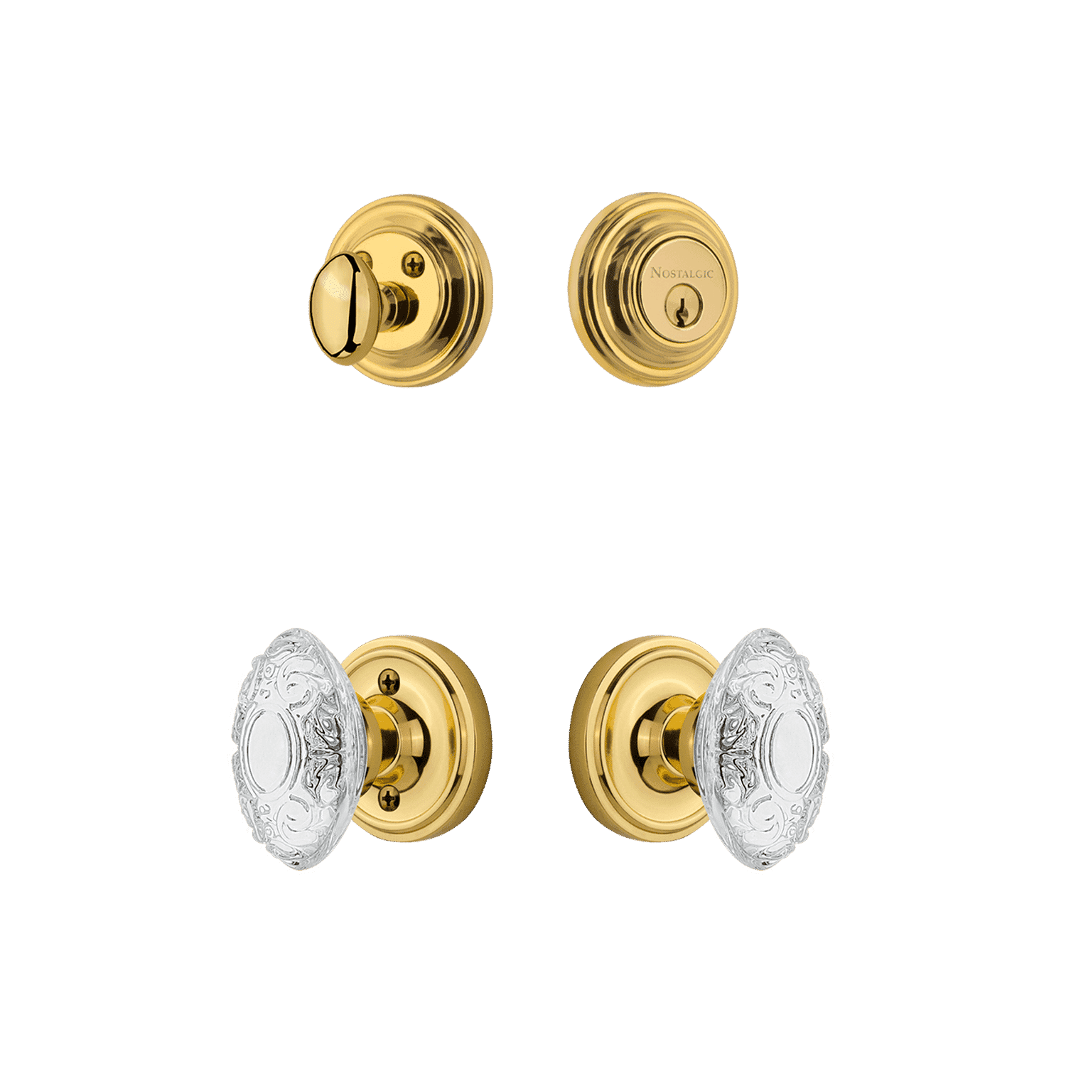 Victorian Style Crystal Knob Rosette Entry Set in Unlacquered Brass - Elegant Door Hardware for Classic Home Interiors & Vintage Decor