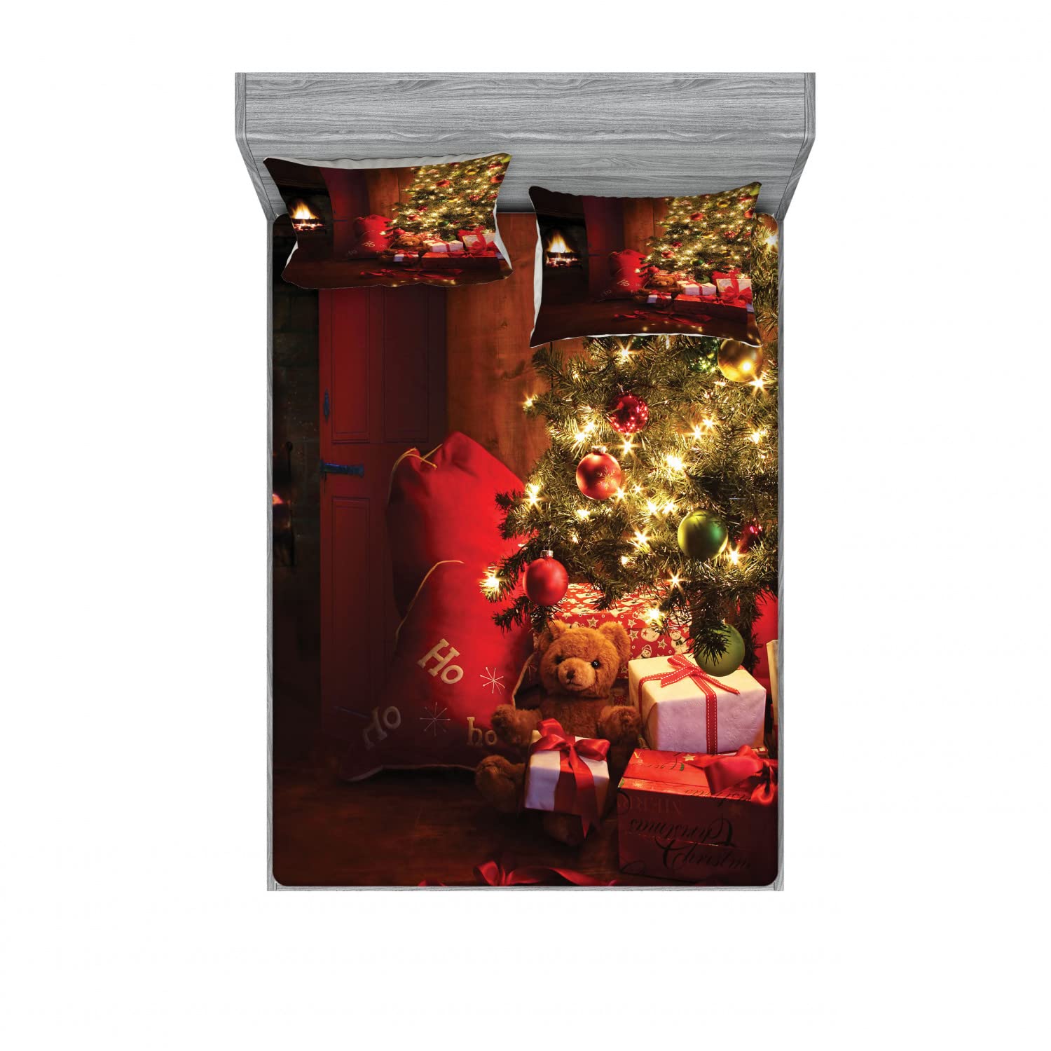 Ambesonne Christmas 2-Pack Queen Size Fitted Sheet Set with 4 Pillow Shams - Holiday Xmas Tree Pattern Bedding in Red & Yellow - Perfect for Festive Bedroom Decor & Seasonal Home Styling
