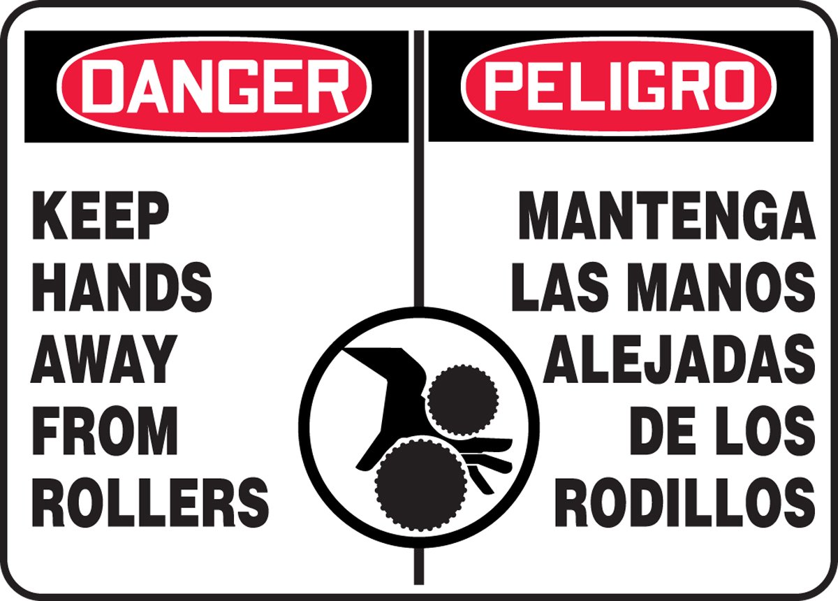 OSHA Danger Safety Sign - Bilingual English/Spanish 'Keep Hands Away from Rollers' - 10x14 Inch Durable Adhesive Vinyl Sign - Perfect for Industrial Machinery, Conveyor Belts & Workplace Safety Areas