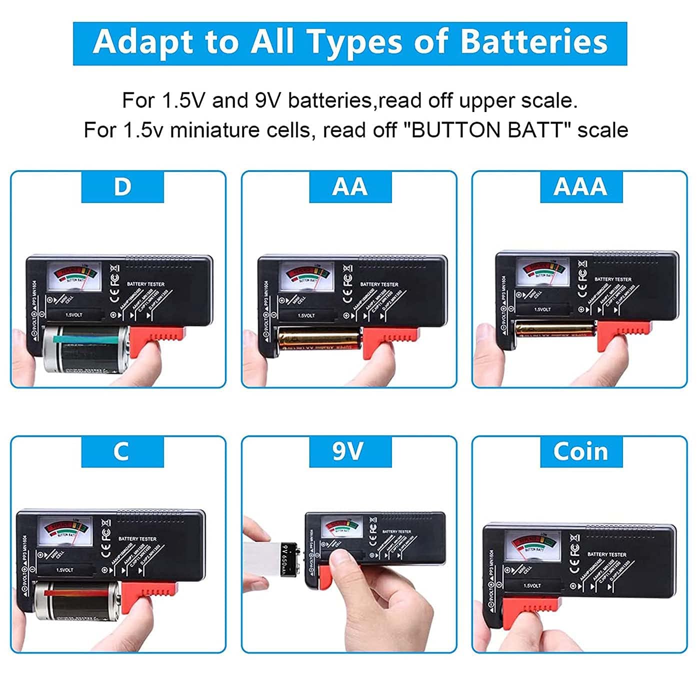Universal Battery Tester - Digital Battery Voltage Checker for AA AAA C D 9V 1.5V Batteries | Essential Tool for Home, Office, and Emergency Power Supply Testing