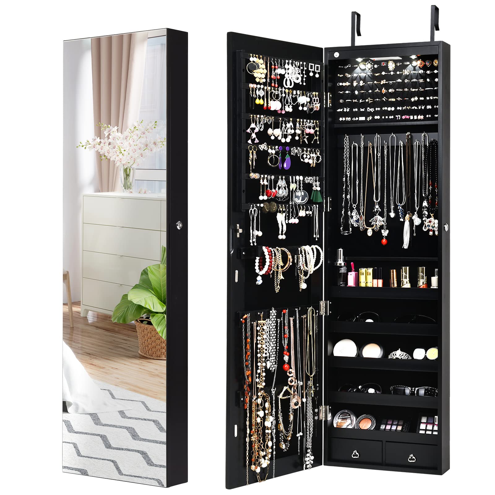 COSTWAY Hanging Jewelry Organizer with Full-Length Mirror & LED Lights - Wall Mount Jewelry Cabinet with Lock, Large Storage for Necklaces, Rings, Earrings - Perfect for Bedroom, Closet & Dressing Room (Black)