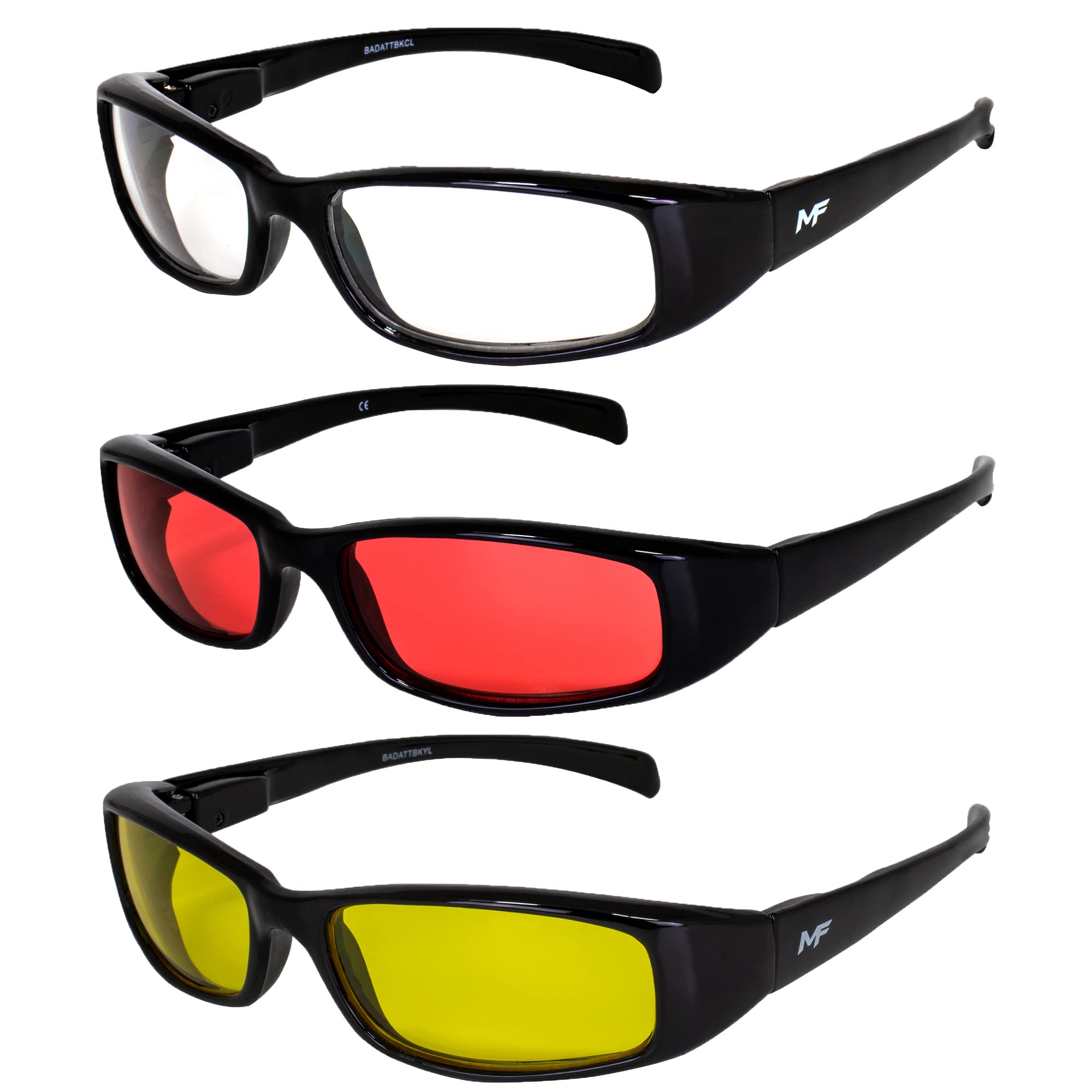 3 Pairs MF Eyewear Bad Attitude Motorcycle Glasses - Shatterproof Polycarbonate, UV400 Protection, Scratch-Resistant, Black Frame with Clear/Red/Yellow Lenses - Perfect for Motorcycle Riding, Cycling, Outdoor Sports & Safety Work