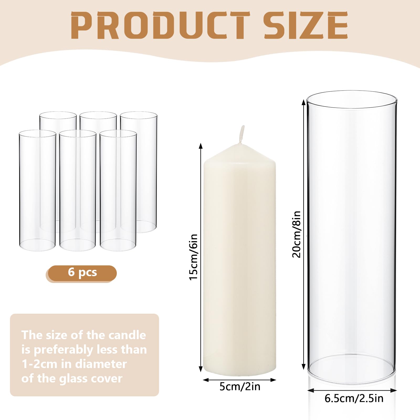 Yaomiao 6-Pack Clear Glass Hurricane Candle Holders with Unscented Pillar Candles - 2.5 x 8 Inch Open-Ended Cylinder Candle Sleeves for Wedding, Dining Table, Restaurant, and Home Decor