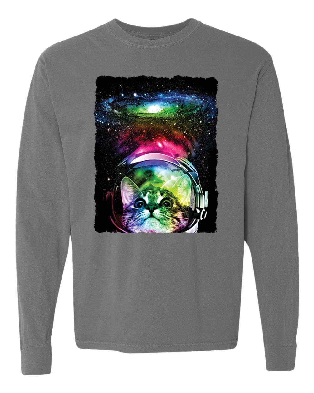 Trippy Neon Space Astronaut Lunar Cat Graphic Long Sleeve T-Shirt | Vintage Washed Streetwear | Perfect for Music Festivals & Urban Fashion
