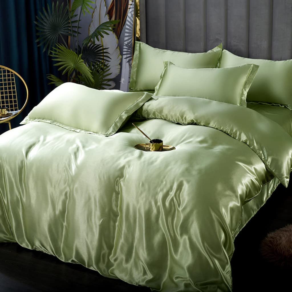 Luxury Amber Green Satin Duvet Cover Set - Full Size Soft Silky Bedding for Women, Elegant Comforter Cover with Zipper Closure (1 Duvet Cover + 2 Pillowcases) - Perfect for Master Bedroom Decor & Guest Room Luxury Upgrade