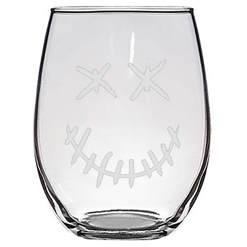 Laser Engraved Stitched Skull Face Stemless Wine Glasses - Gothic Halloween Party Cups for Wine, Cocktails & Beverages - Perfect for Halloween Decor, Themed Parties & Unique Gift Ideas