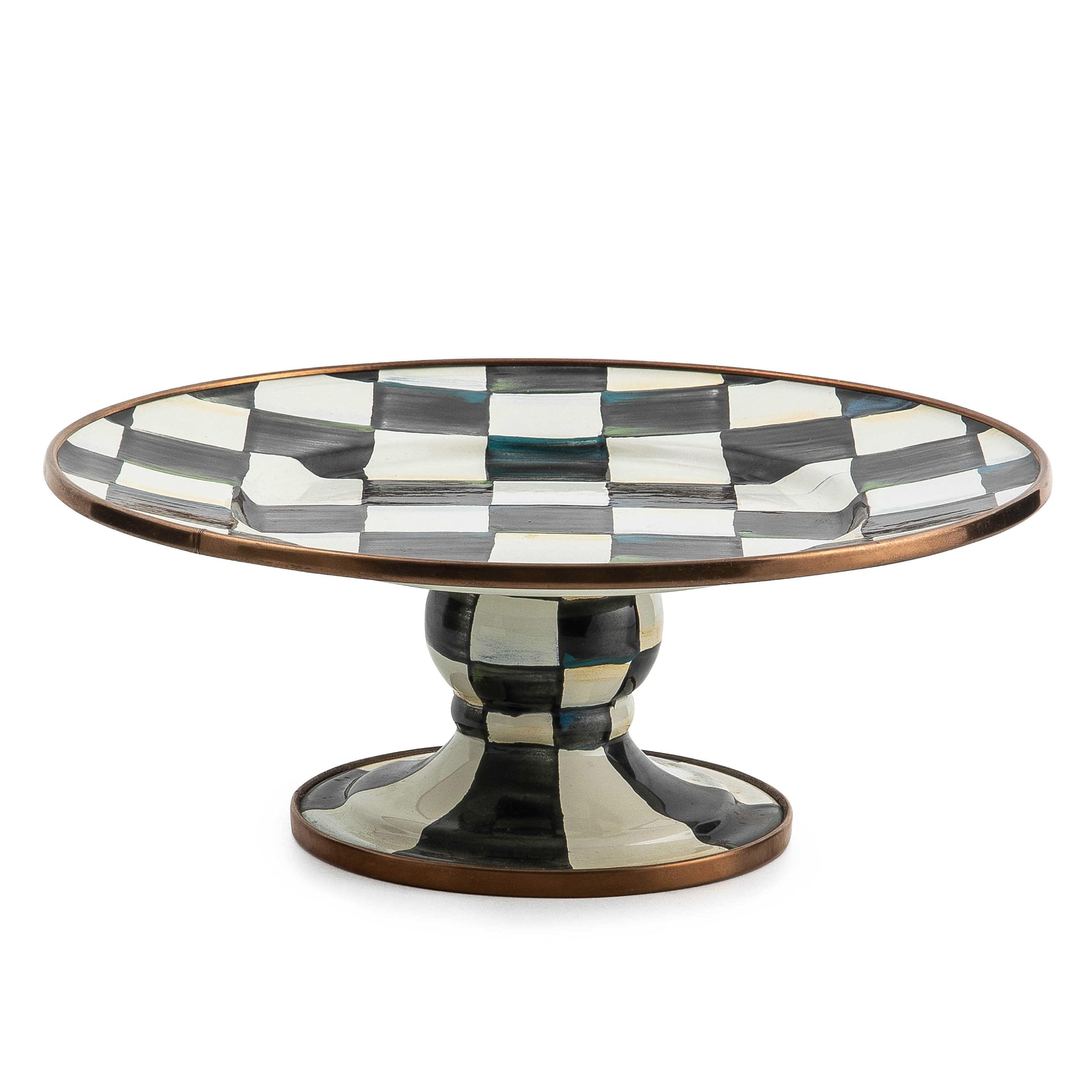 MACKENZIE-CHILDS Black and White Enamel Pedestal Platter - Round Cake Stand for Desserts, Mini Size, Elegant Courtly Check Pattern - Perfect for Tea Parties, Wedding Receptions & Home Decor