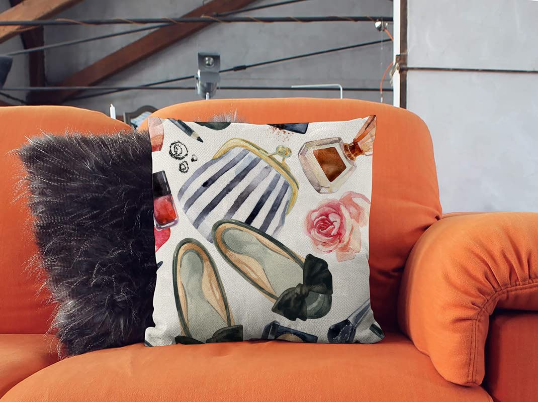 Funny Women's Fashion Cosmetics & Clothes Throw Pillow Cover - 18x18 Inch Square Decorative Pillow Case for Sofa, Couch & Bed - Perfect for Home Decor, Living Room & Bedroom Accents