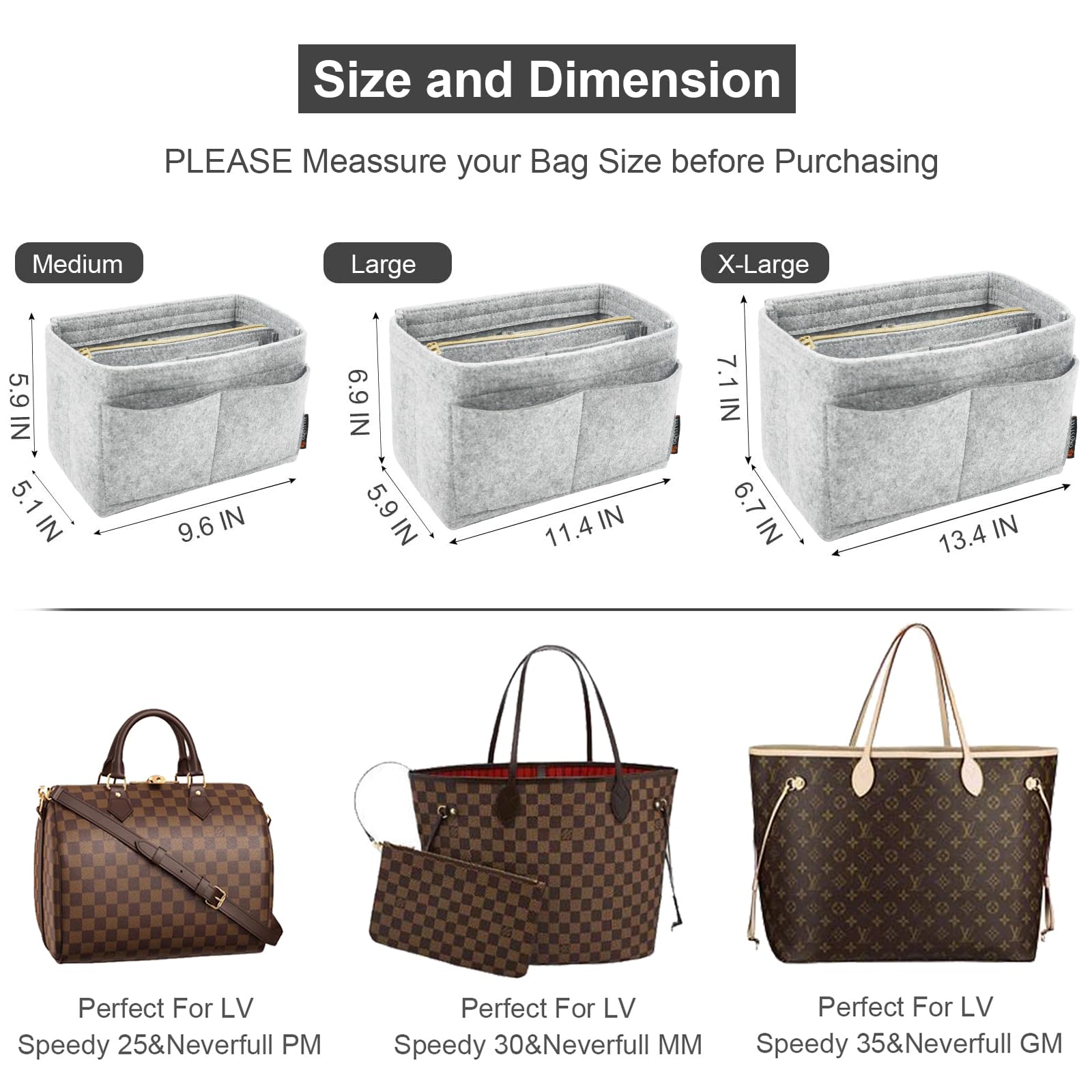 OMYSTYLE Felt Purse Organizer Insert - 5 Sizes Tote Bag Organizer with Dividers for Handbags - Compatible with Longchamp, Neverfull, Speedy & More - Perfect for Travel, Work & Daily Organization