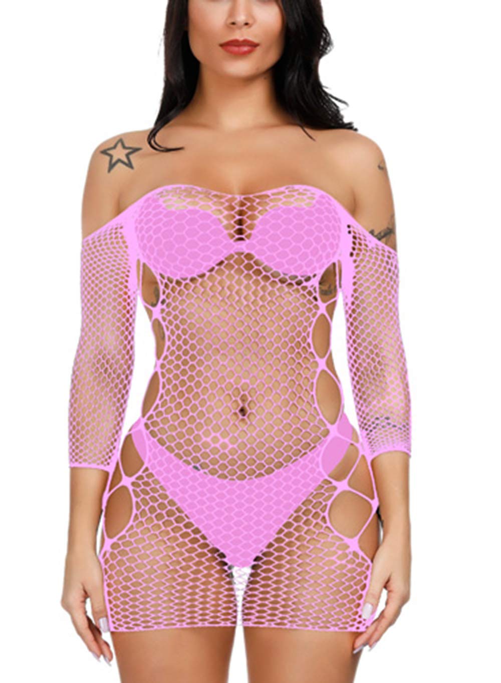 Sexy Women's Fishnet Lingerie Sleepwear - One Piece Babydoll V-Neck Mini Dress (One Size) for Bedroom, Boudoir & Romantic Nights