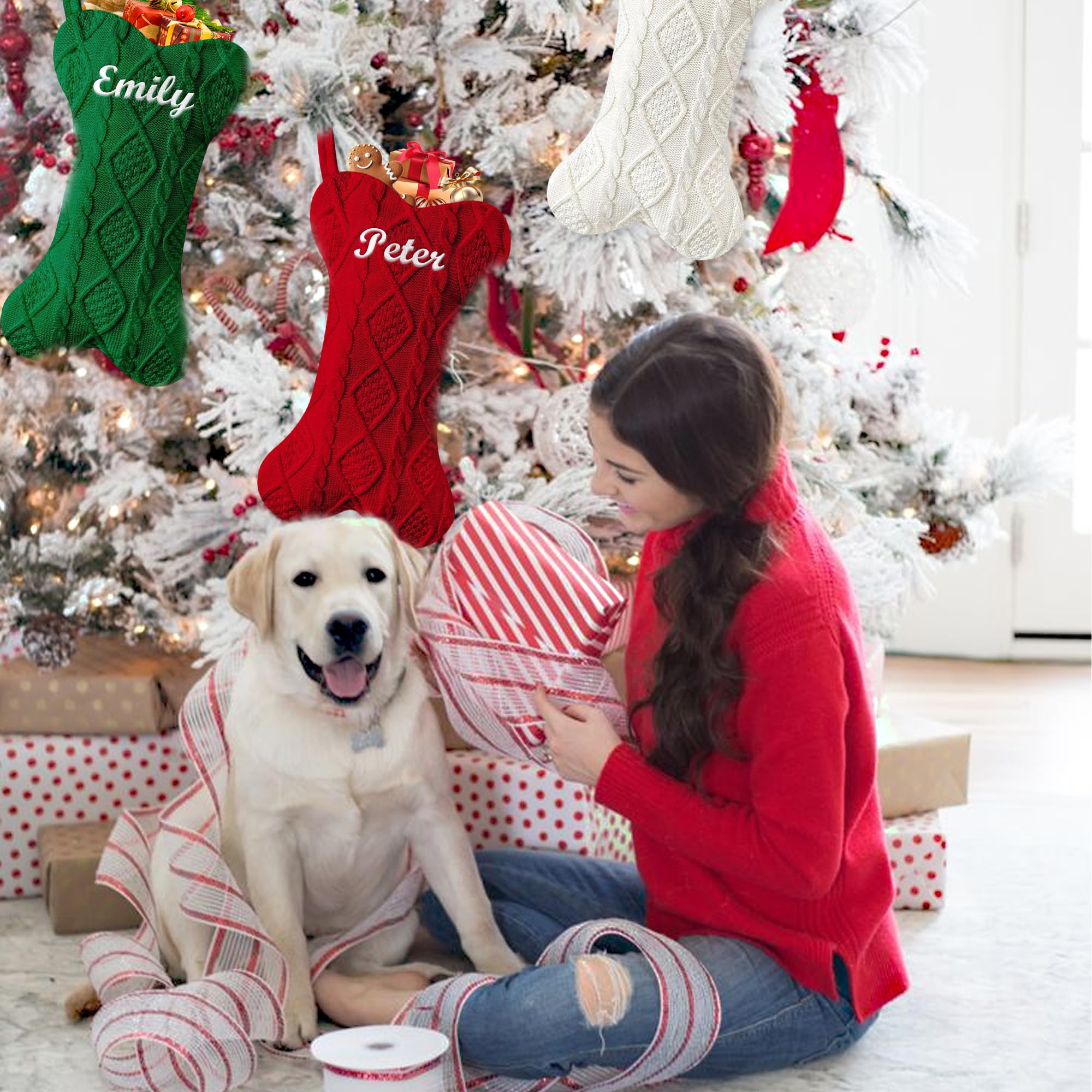 Personalized Large Knitted Christmas Stocking for Dogs & Cats - Custom Embroidered Pet Name Xmas Stocking, Bone-Shaped Holiday Fireplace Decoration for Pets (1 Piece) | Perfect for Pet Lovers' Christmas Gifts & Cozy Family Holiday Decor
