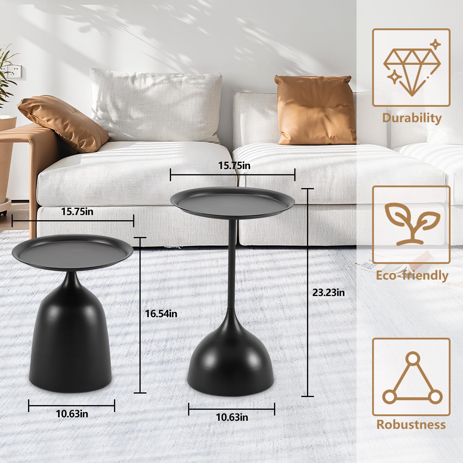 2-Piece Round Side Table Set with Screw Connections - Compact End Tables for Small Spaces, Perfect for Living Room, Bedroom, Office, Cafe & Outdoor Use - Black Modern Accent Furniture