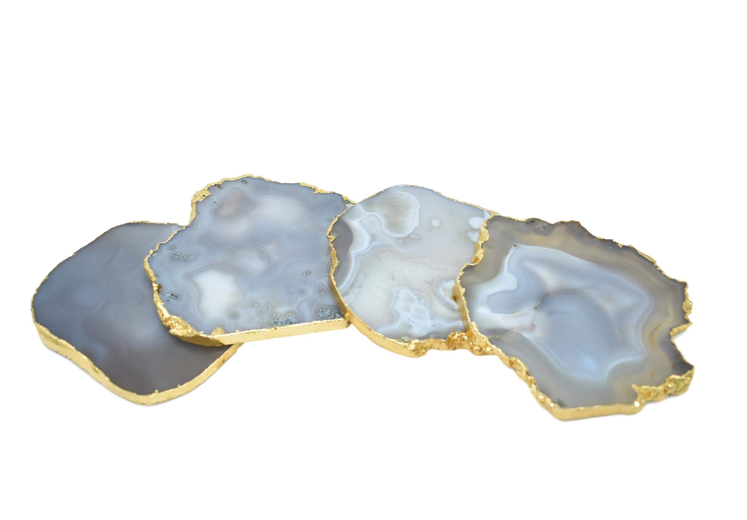Pastel Gray Agate Coasters with Gold Edge - Set of 4 Non-Slip Stone Coasters for Drinks - Unique Irregular Shape Home Decor - Perfect for Coffee Tables, Dining Tables, and Housewarming Gifts