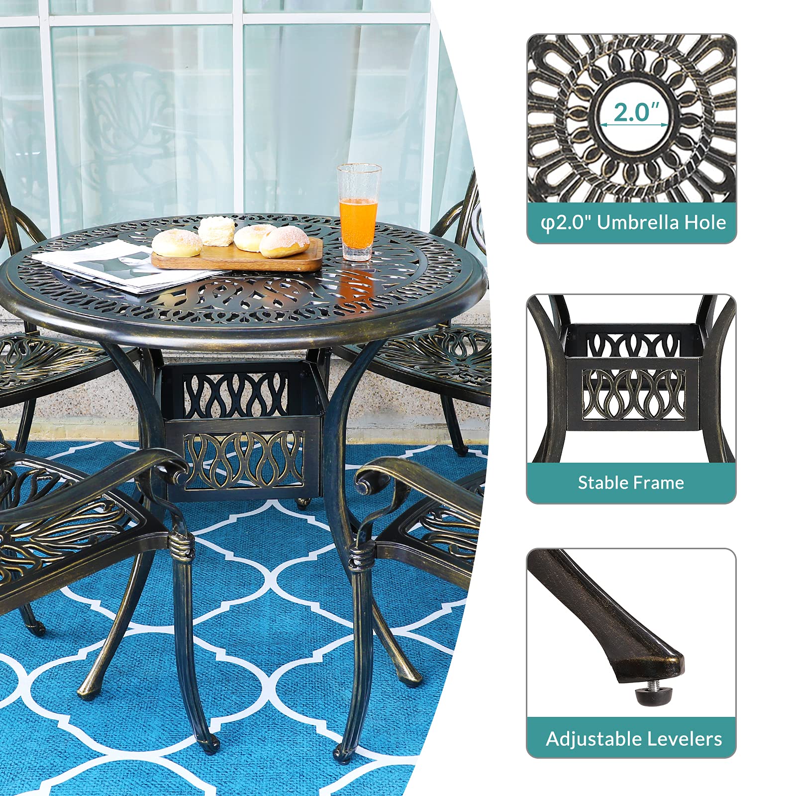 MEETWARM 3-Piece Outdoor Patio Bistro Set - All-Weather Cast Aluminum Dining Table with 2 Chairs & 35.4