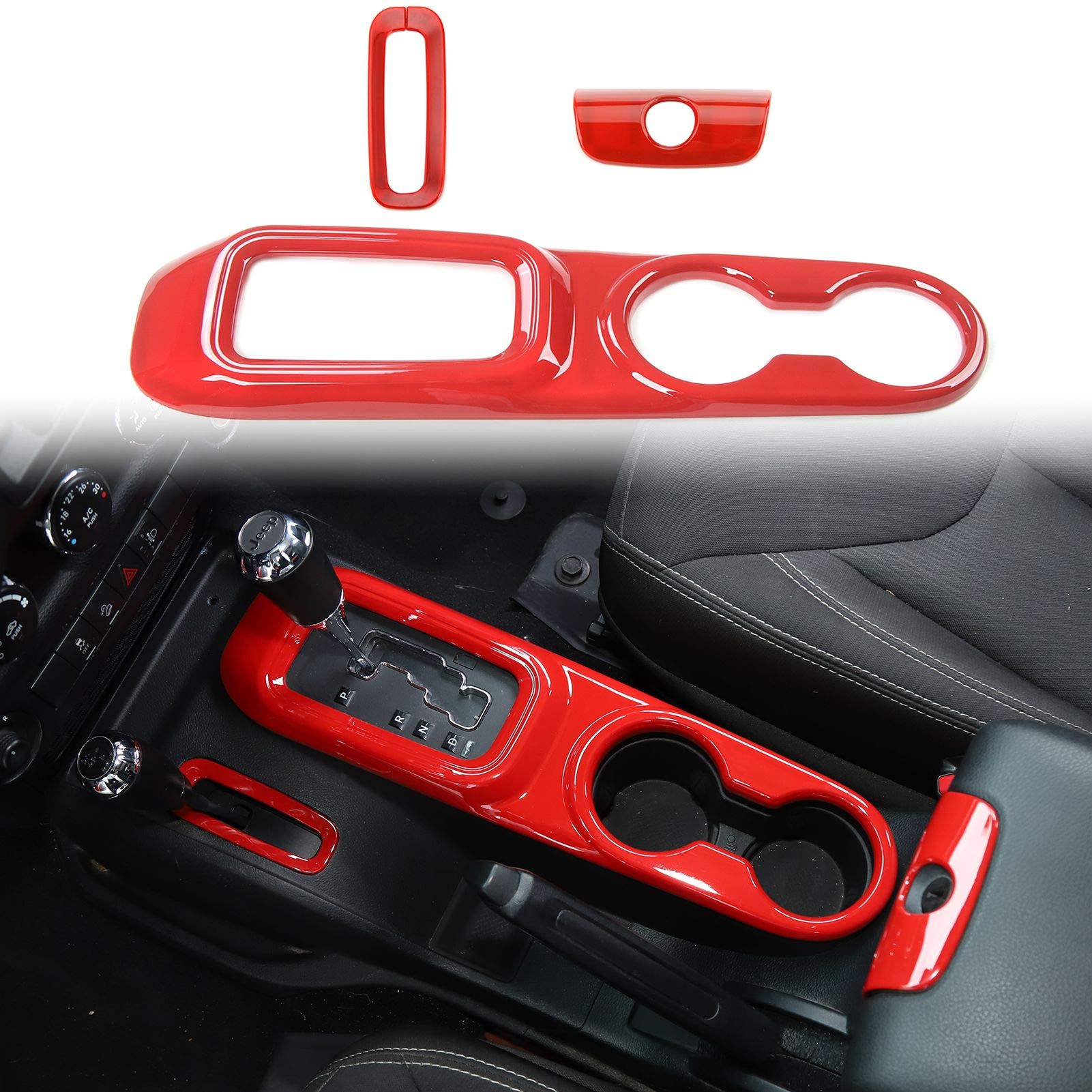 Jeep JK Center Console Armrest Cup Holder & Gear Shift Trim - ABS Red (3pcs) | Compatible with 2011-2018 Jeep Wrangler JK & JKU | Interior Accessories for Enhanced Comfort & Organization