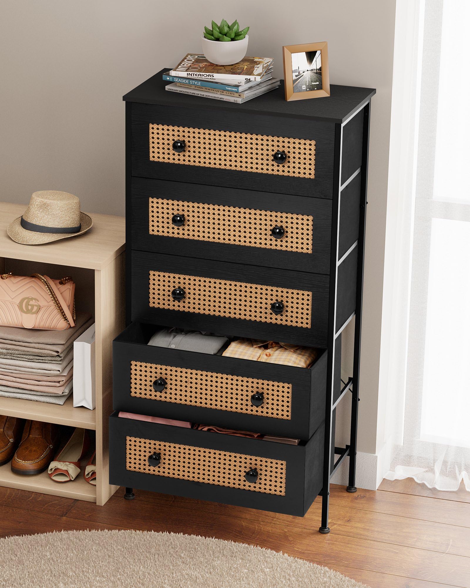 Crestlive 5-Drawer Rattan Dresser Storage Tower with Wood Top - Tall Fabric Chest of Drawers for Bedroom, Hallway & Closet Organization (Black) | Perfect for Small Space Storage & Entryway Décor