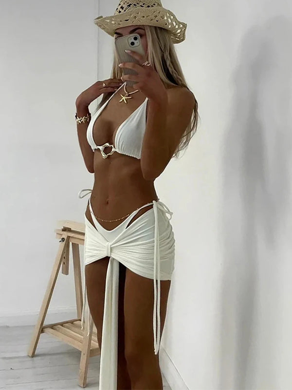 ZASUWA Women's 3 Piece Hollow Out Bikini Set with Metal Drawstring - Sexy Solid Color Swimwear for Beach, Pool & Vacation