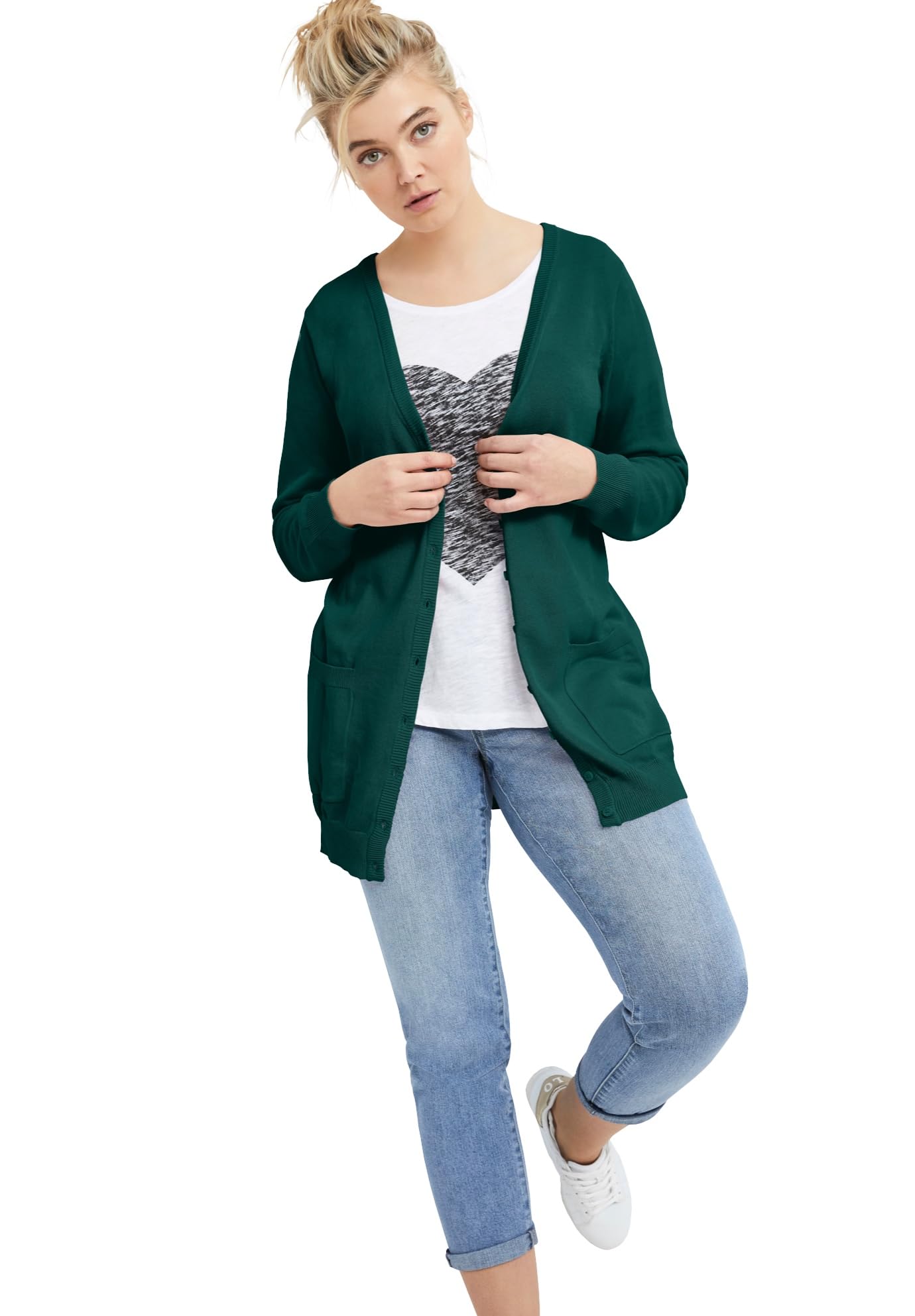 Ellos Women's Plus Size Boyfriend Cardigan - Soft Oversized Open Front Long Sleeve Knit Sweater for Casual Wear, Office & Lounge