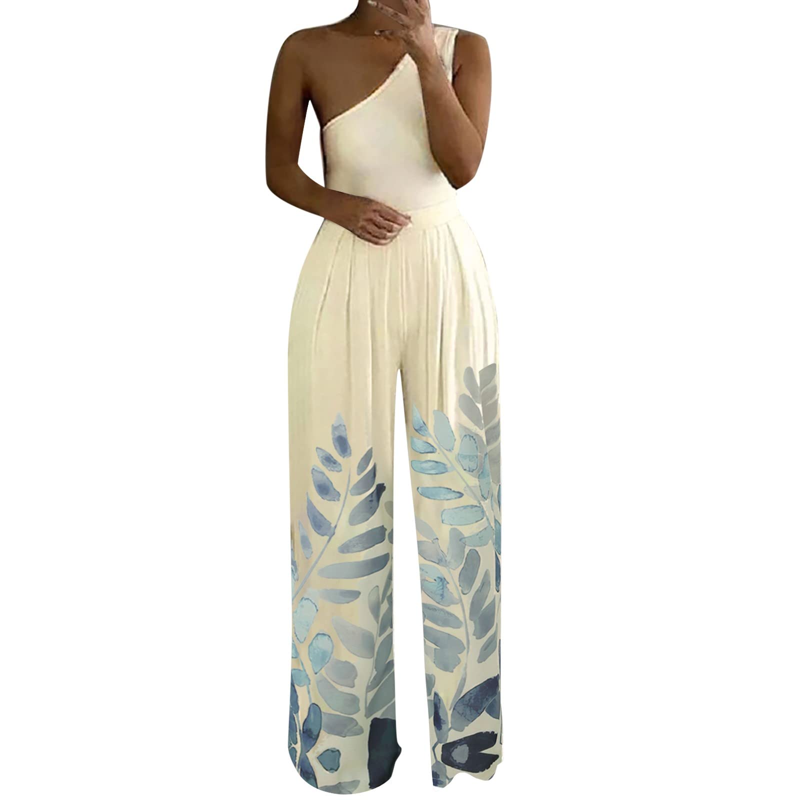 Qvkarw Women's Elegant Sleeveless One Shoulder High Waist Long Jumpsuit - Casual Summer Romper for Beach, Party & Special Occasions