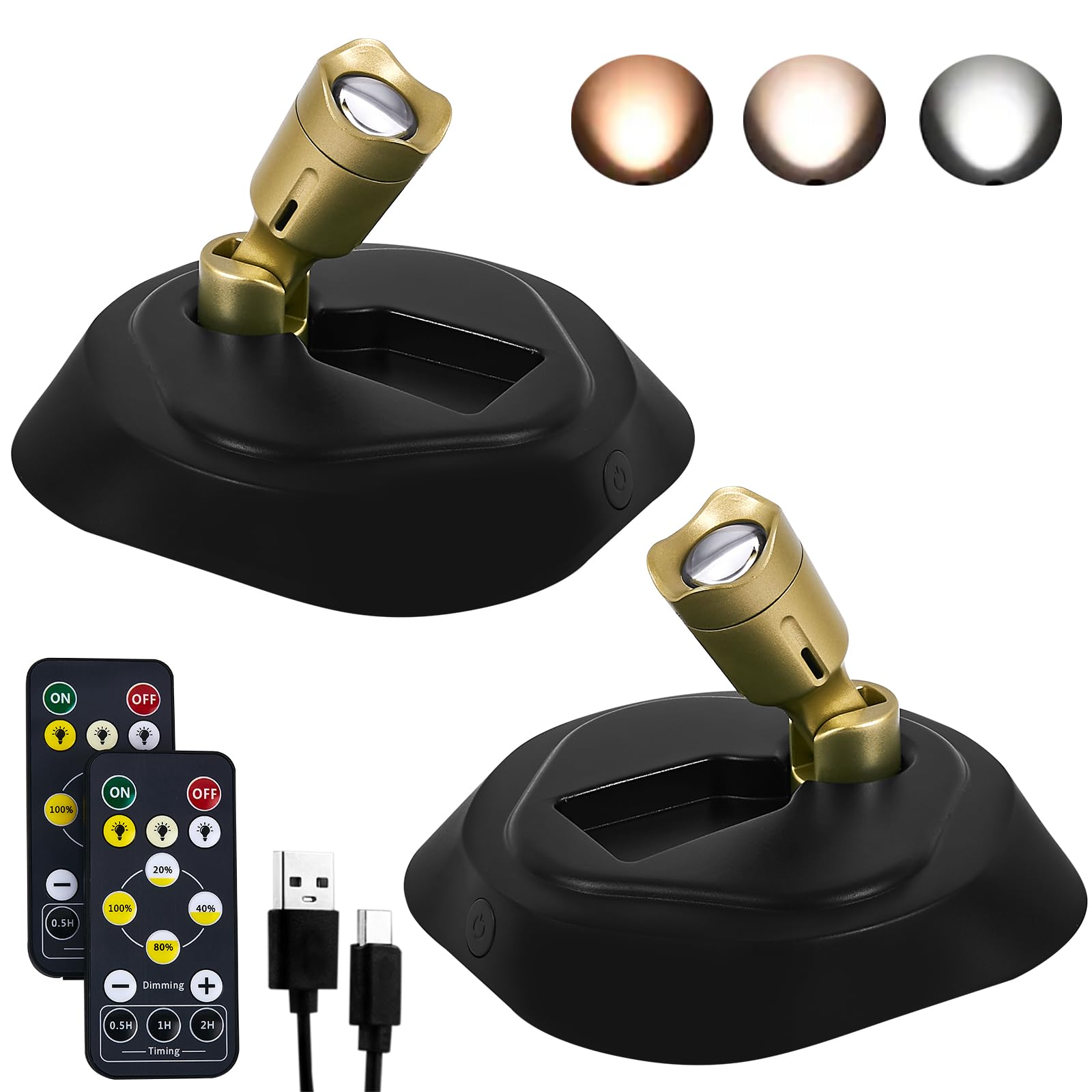 2 Pack LED Spotlight with Remote Control - Rechargeable Battery Operated Wall Lights for Paintings, Dimmable Puck Light with Timer & 3CTT - Perfect for Art Galleries, Home Decor, and Picture Display