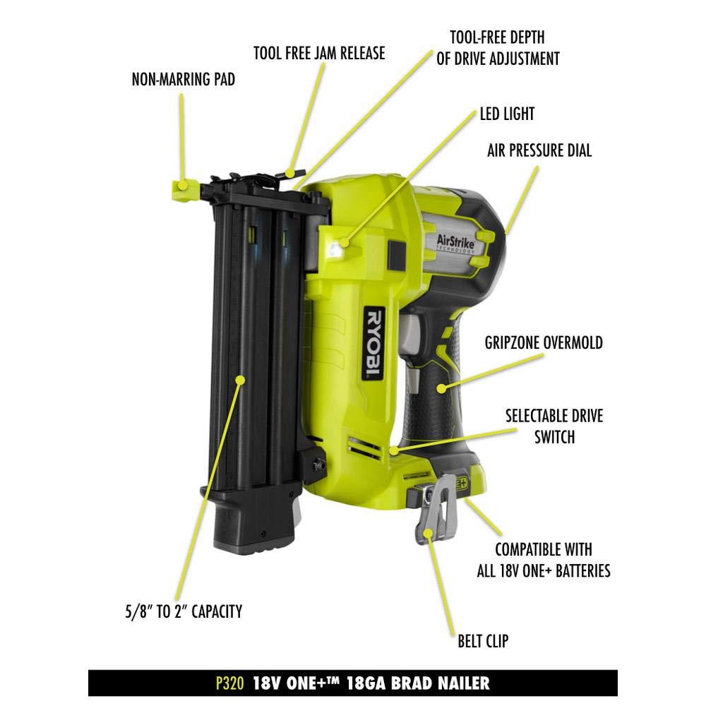 RYOBI P1854 18V ONE+ Lithium-Ion Cordless AirStrike 18-Gauge Brad Nailer Kit with 1.5Ah Battery & Charger - Perfect for DIY Projects, Woodworking, and Home Renovations