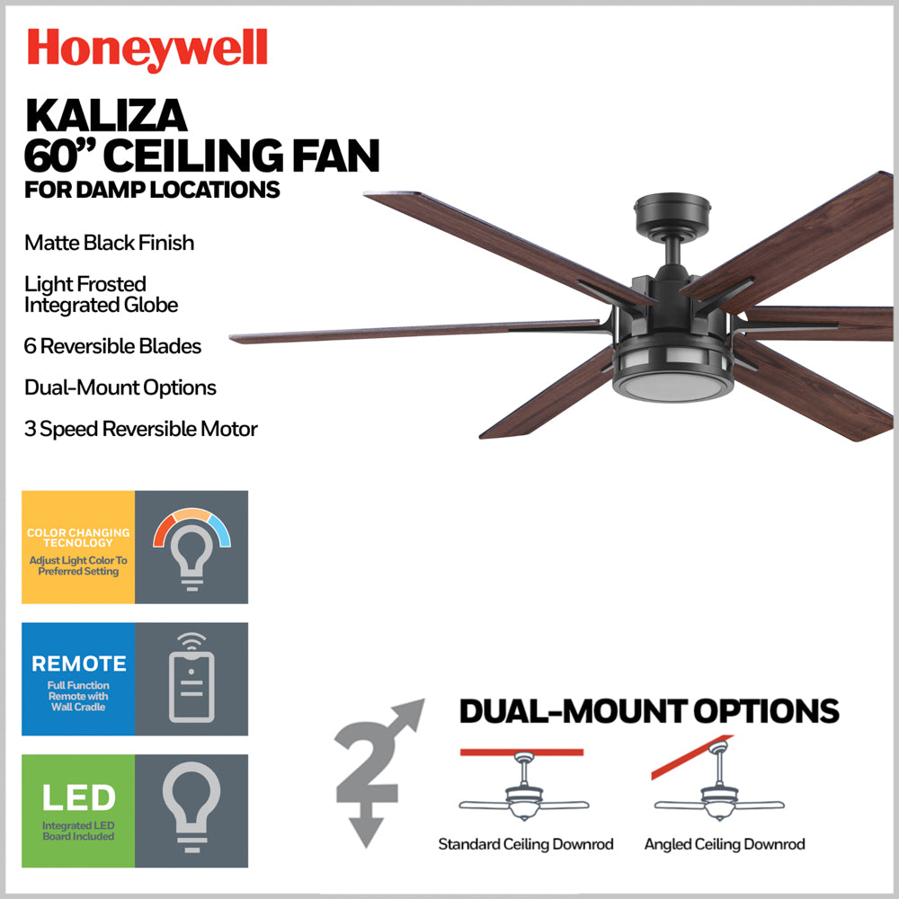 60 Inch Honeywell Kaliza Matte Black Smart Ceiling Fan with Color Changing LED Light & Remote Control - Perfect for Living Room, Bedroom, and Home Office