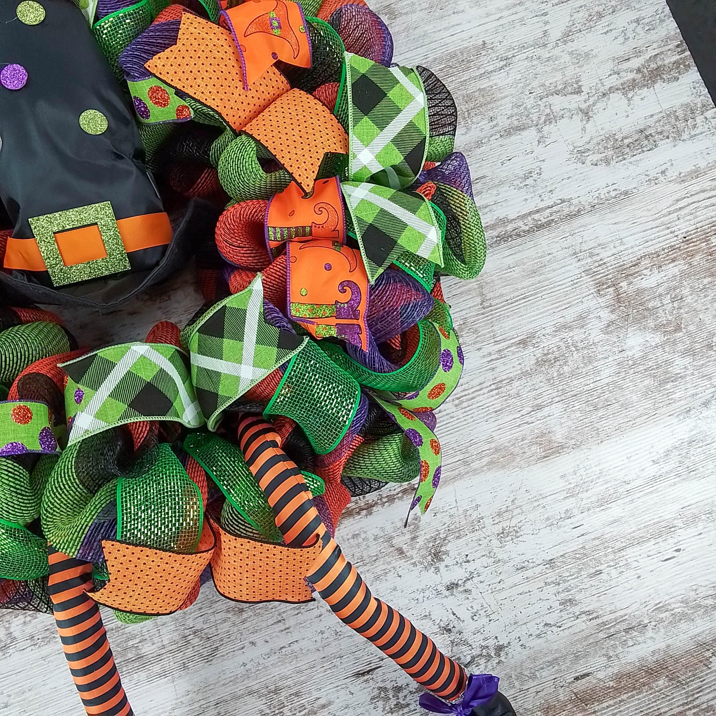 Halloween Witch Wreath with Hat & Legs - Lime Green, Black & Orange Mesh Welcome Door Decor for Spooky Front Porch | Perfect for Halloween Party Decorations & Haunted House Entrance