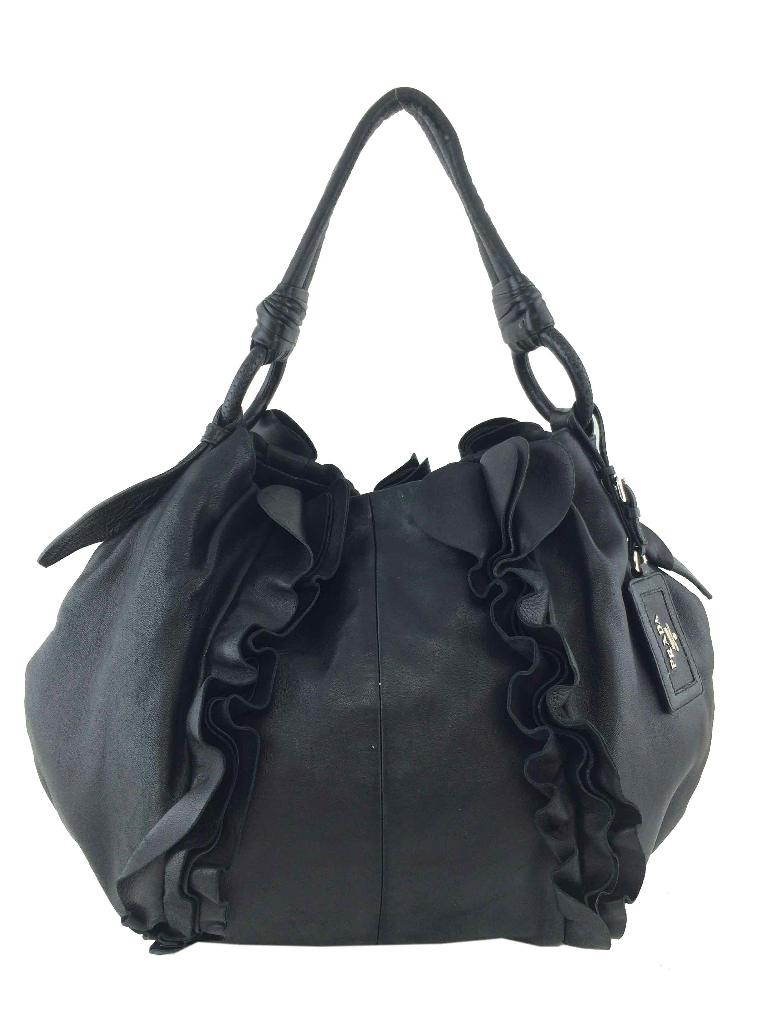 Prada Nappa Leather Ruffle Hobo Bag - Women's Designer Shoulder Bag for Work, Travel & Everyday Use