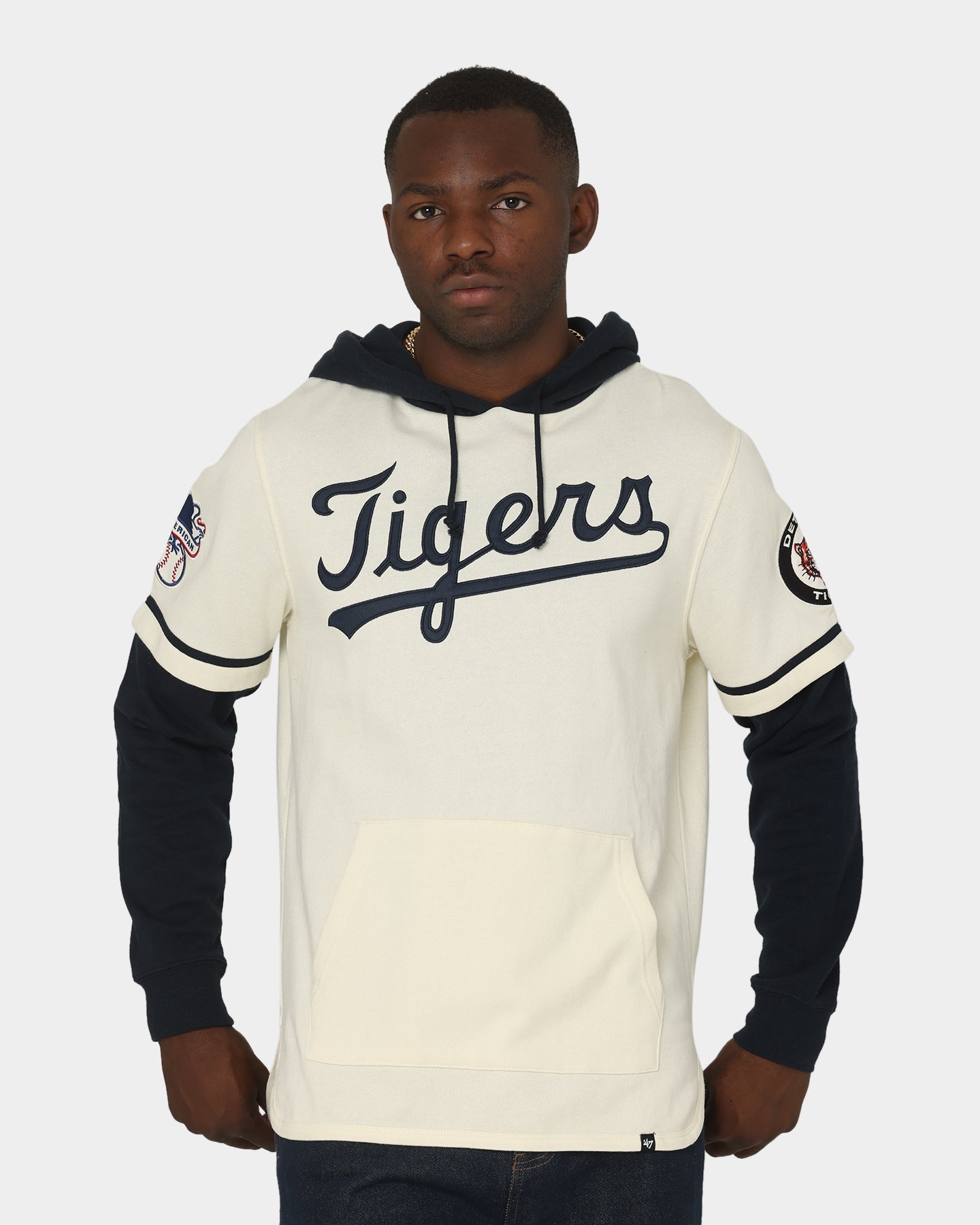47 Brand Detroit Tigers Shortstop Hoodie Cream - Men's Baseball Hooded Sweatshirt for Casual Wear & Game Day Outfits
