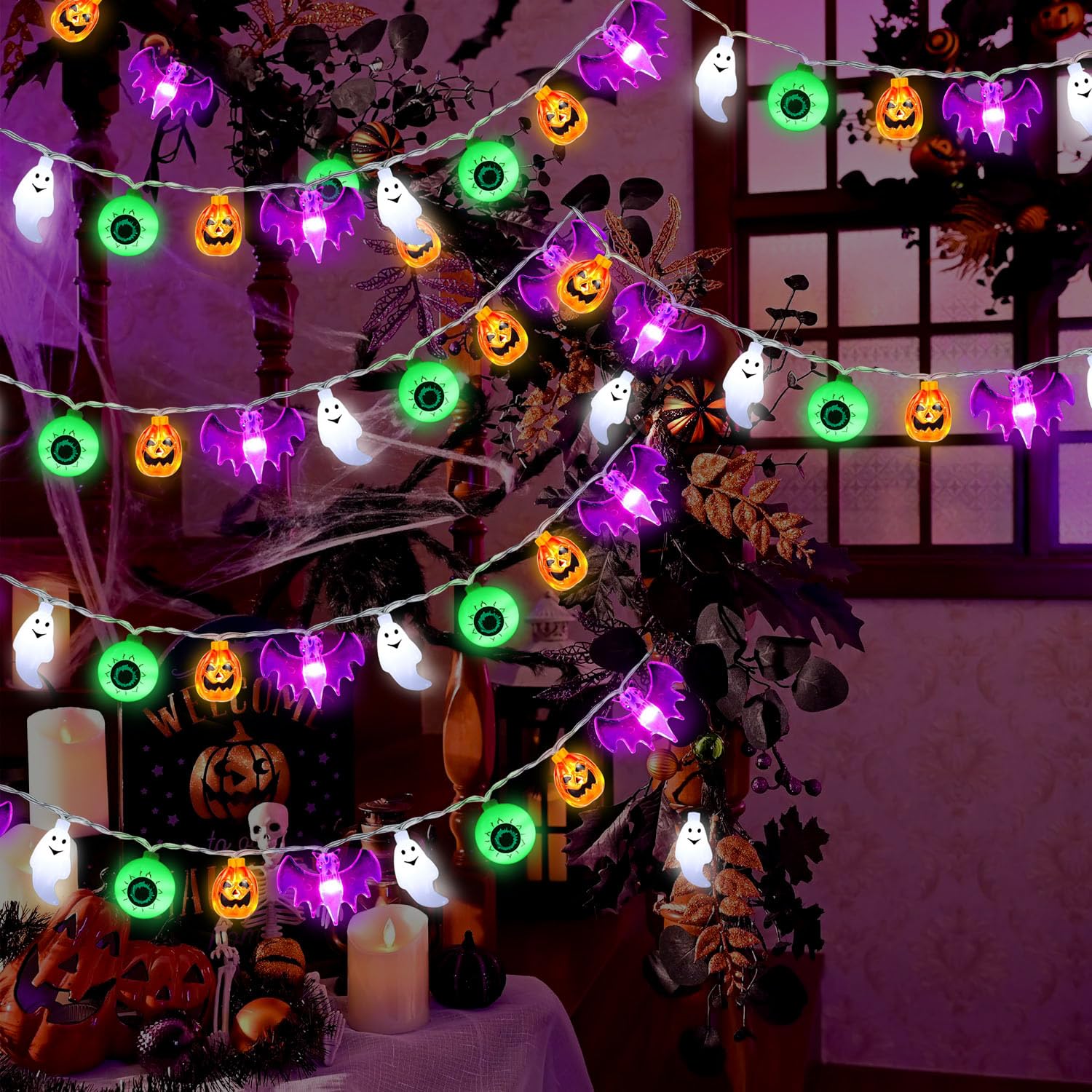50LED Pumpkin Bat Ghost Eyeball Battery Operated String Lights - Waterproof Fairy Lights for Halloween Party, Home Window, Porch, Gate Decor - Indoor & Outdoor Halloween, Christmas, Garden, Wedding Decorations