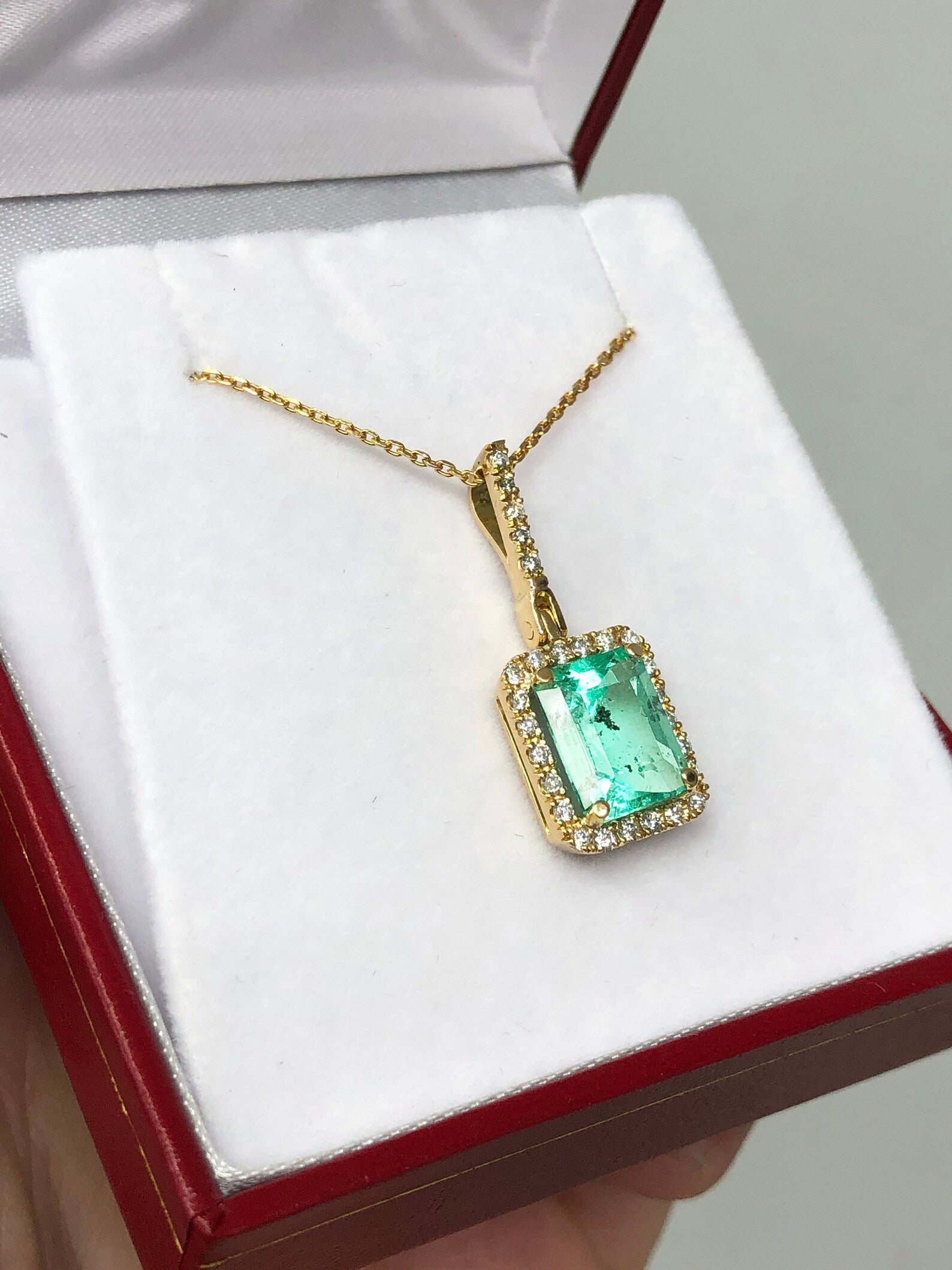4.18TCW Natural Colombian Emerald & Diamond Halo Pendant in 14K Gold - Elegant Jewelry Gift for Women, Perfect for Weddings, Anniversaries & Special Occasions