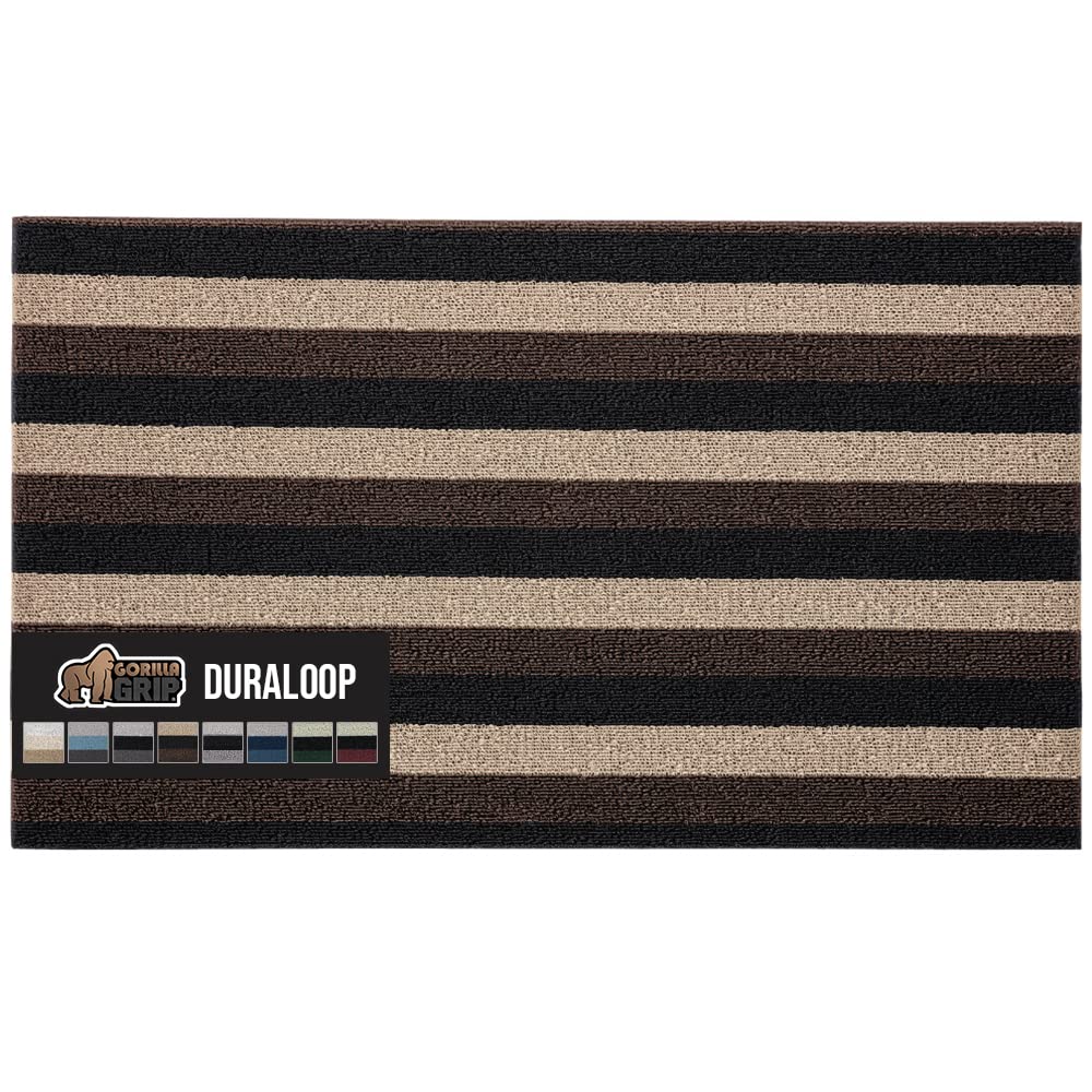 Gorilla Grip 重型条纹门垫 48x36英寸 厚刷毛防滑 防压纹理强力背衬 室内外通用 黑棕色米色 适用于家庭入口、办公室门厅、车库门廊