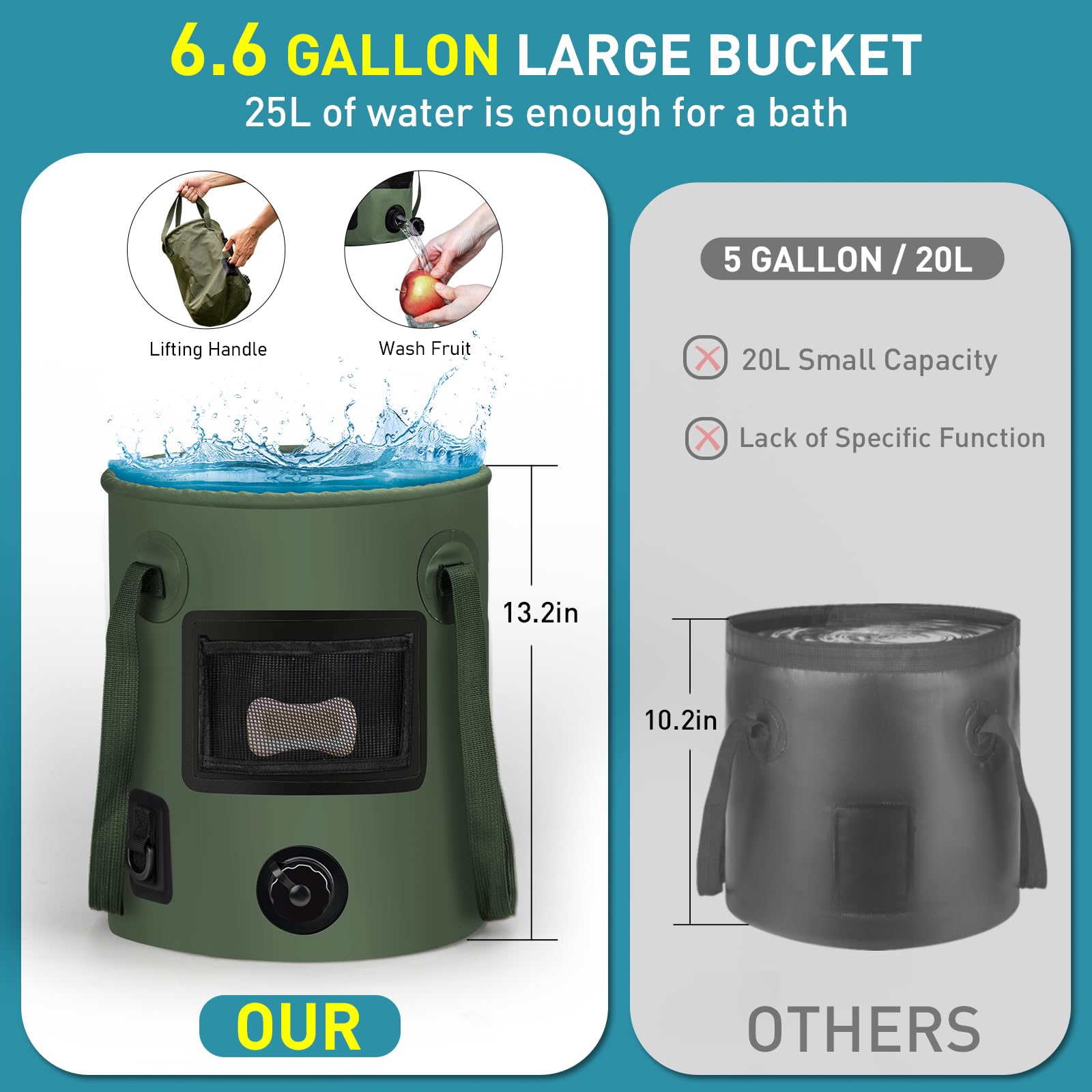 Portable Camping Shower Tent with Rechargeable Pump & 6.6 Gallon Foldable Bucket - Pop Up Privacy Shower Kit with LED Lights for Outdoor Hiking, Backpacking & RV Trips | Perfect for Beach, Camping & Emergency Use