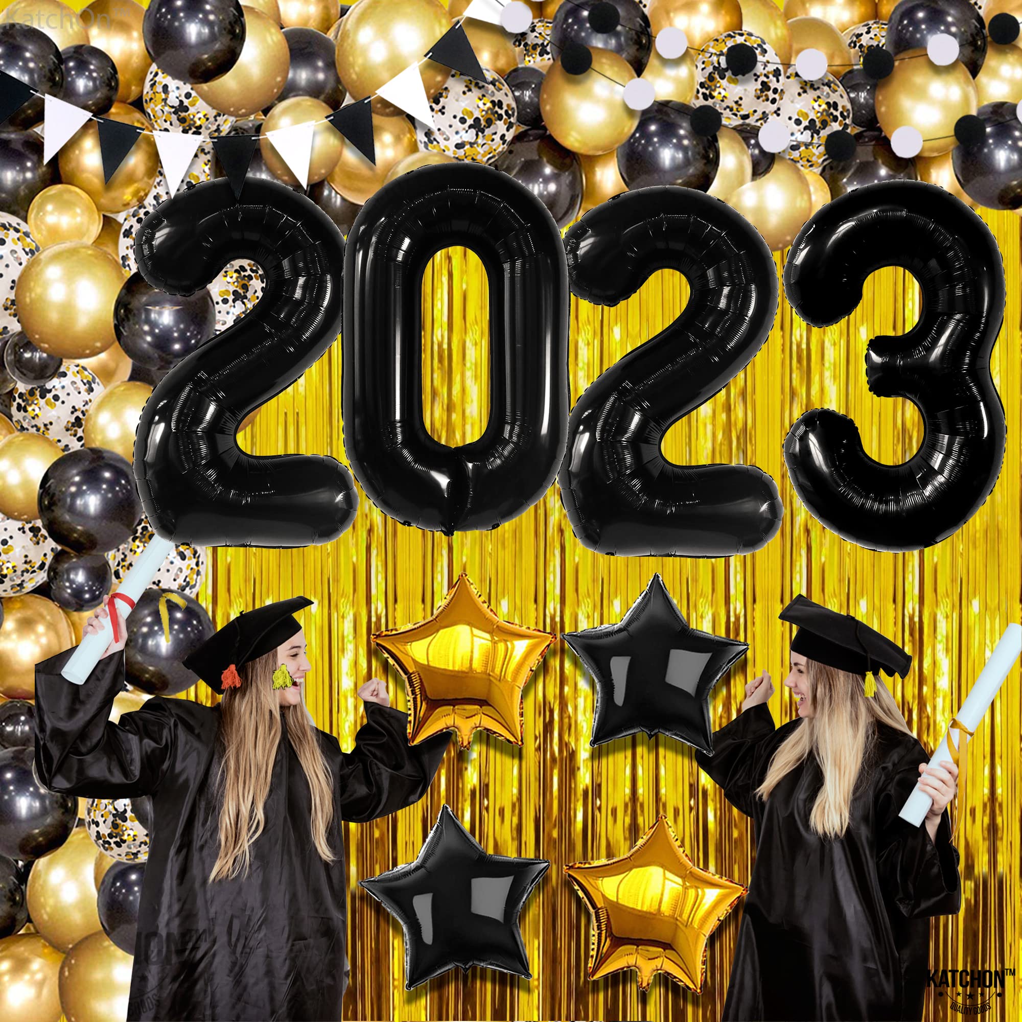 KatchOn 2023 Graduation Balloon Arch Kit - 90-Piece Black & Gold Graduation Decorations Set for Class of 2023 | Includes Backdrop & Party Supplies | Perfect for Graduation Ceremonies, Photo Booths & Grad Parties