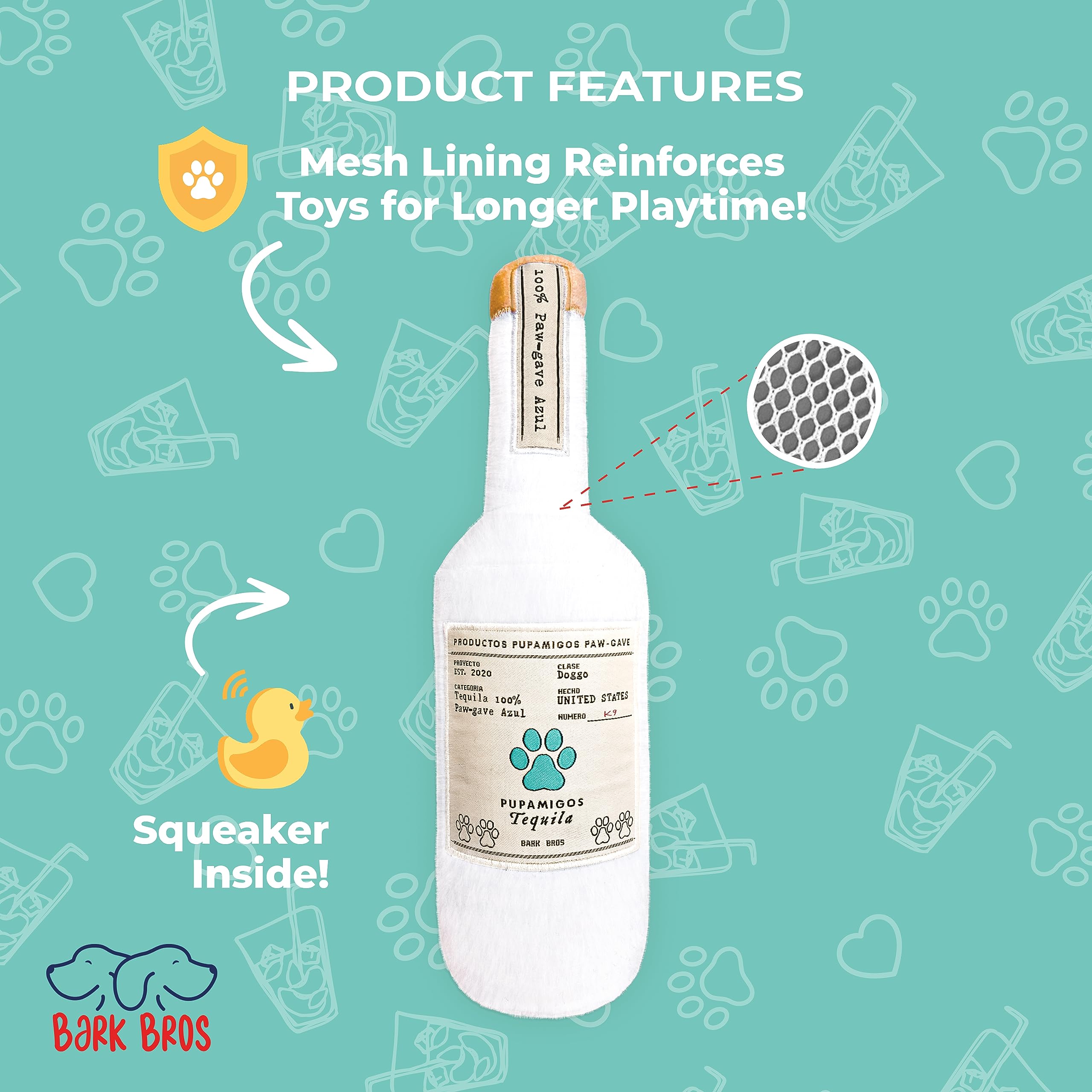 Bark Bros Liquor Bottle Plush Squeaky Dog Toy - Funny Alcohol Parody Pet Chew Toy for Large Dogs - Perfect Puppy Birthday Gift & Dog Stuff (Pupamigos Collection) - Great for Playtime, Training Rewards & Cute Photo Props