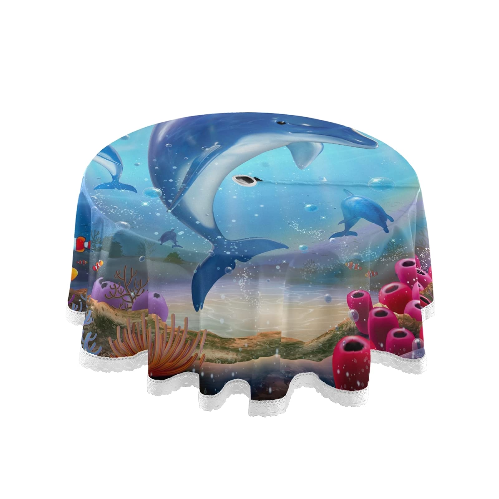 Vibrant Rainbow Dolphin Ocean Coral Reef Round Outdoor Tablecloth - 60 Inch Waterproof Patio Table Cover with Umbrella Hole & Zipper for Backyard BBQ, Picnic, Beach Parties & Poolside Dining