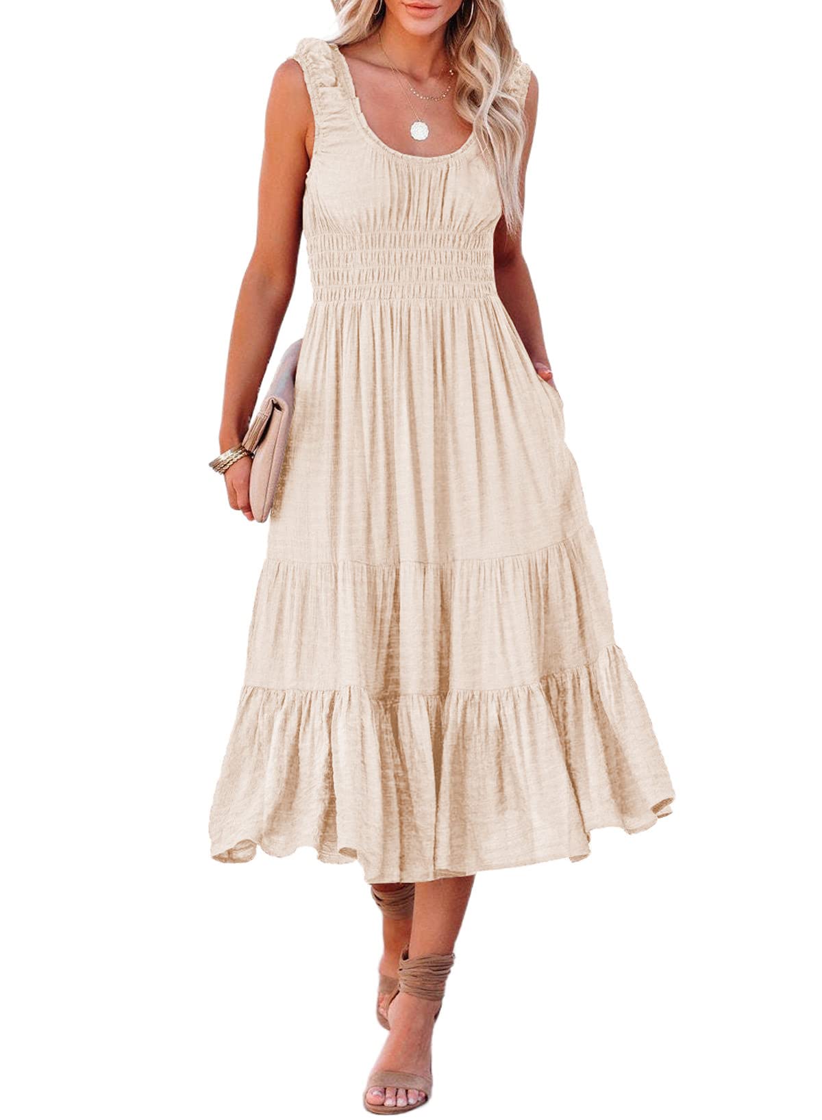 AlvaQ Women's Summer Sleeveless Smocked Midi Dress - High Waist A-Line Sundress with Pockets for Beach, Vacation & Casual Wear | Flowy Tiered Dress for Outdoor Activities & Date Nights
