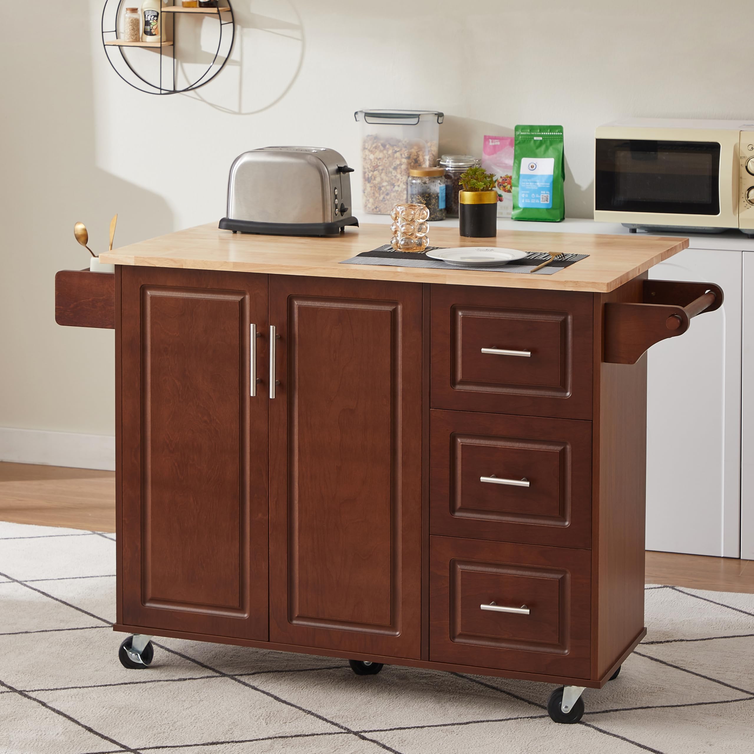 **Rolling Kitchen Island with Storage - Drop Leaf Countertop, Spice Rack, Wheels & Drawers - Mobile Kitchen Cart for Small Spaces, Apartments & Home Cooking (Brown)**    *(Ideal for meal prep, extra counter space, and organizing spices & utensils in compact kitchens.)*