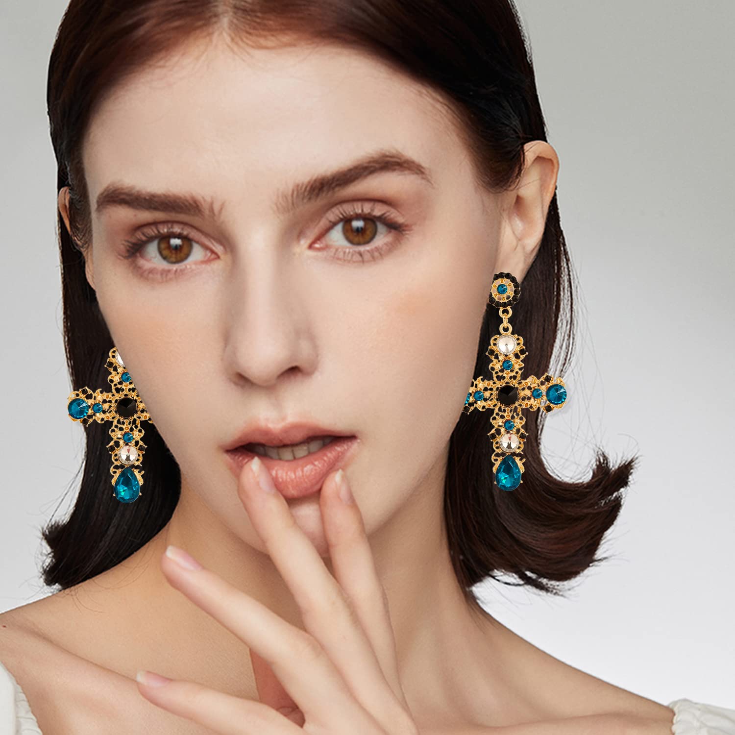 Stylish Gold Cross Red Heart Earrings with Sparkling Crystals - Baroque Hollow Drop Dangle Earrings for Women & Teens | Perfect for Parties, Gifts & Special Occasions