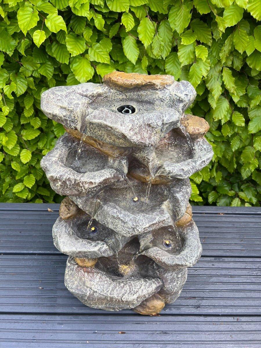 Solar Powered LED Rock Waterfall with 7 Water Bowls - 46x32x26 Inch Outdoor Garden Fountain for Patio, Yard & Landscape Decoration | Relaxing Water Feature with Natural Stone Design