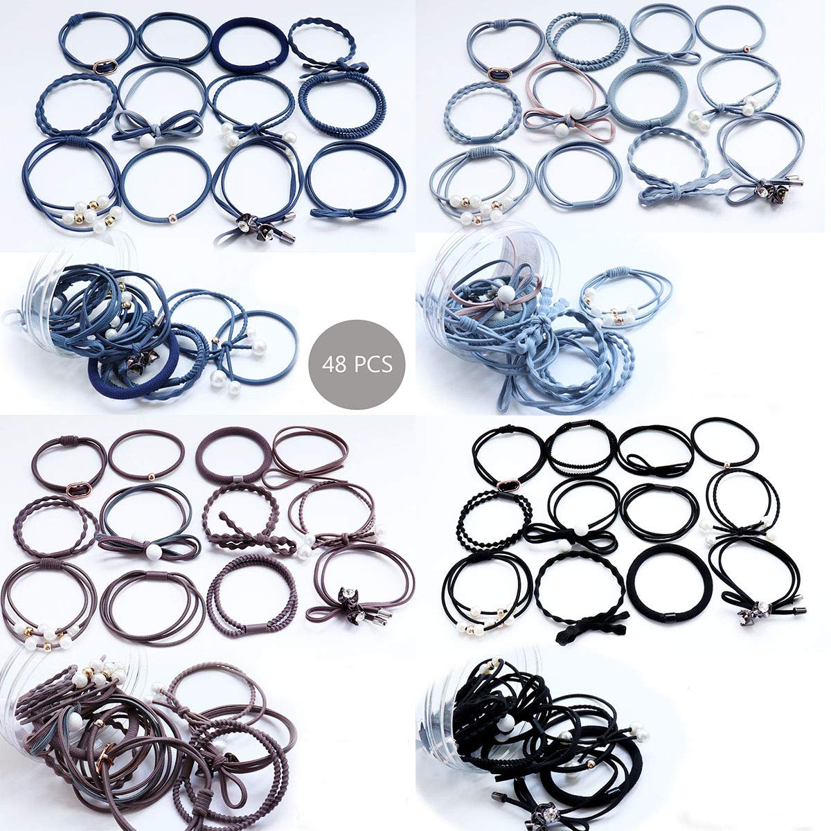 48 Pcs Mixed Hair Ties Set - Pearl Scrunchies & Bands for Women - Daily Styling & Workout
