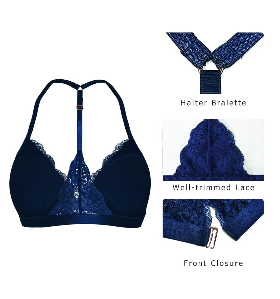 SHEKINI Women's Lace Wireless Bra - Front Closure Padded Triangle Bralette, Comfortable Halter Bras for Everyday Wear | Perfect for Yoga, Lounge & Summer Outfits