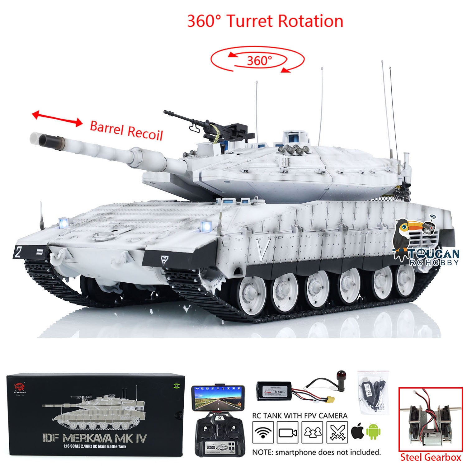 Heng Long 1/16 Scale RC Tank - IDF Merkava MK IV Metal Gearbox with FPV Camera | 360° Rotation | Military Radio Controlled Toy for Adults & Collectors | Perfect for Battle Simulation & Outdoor Play