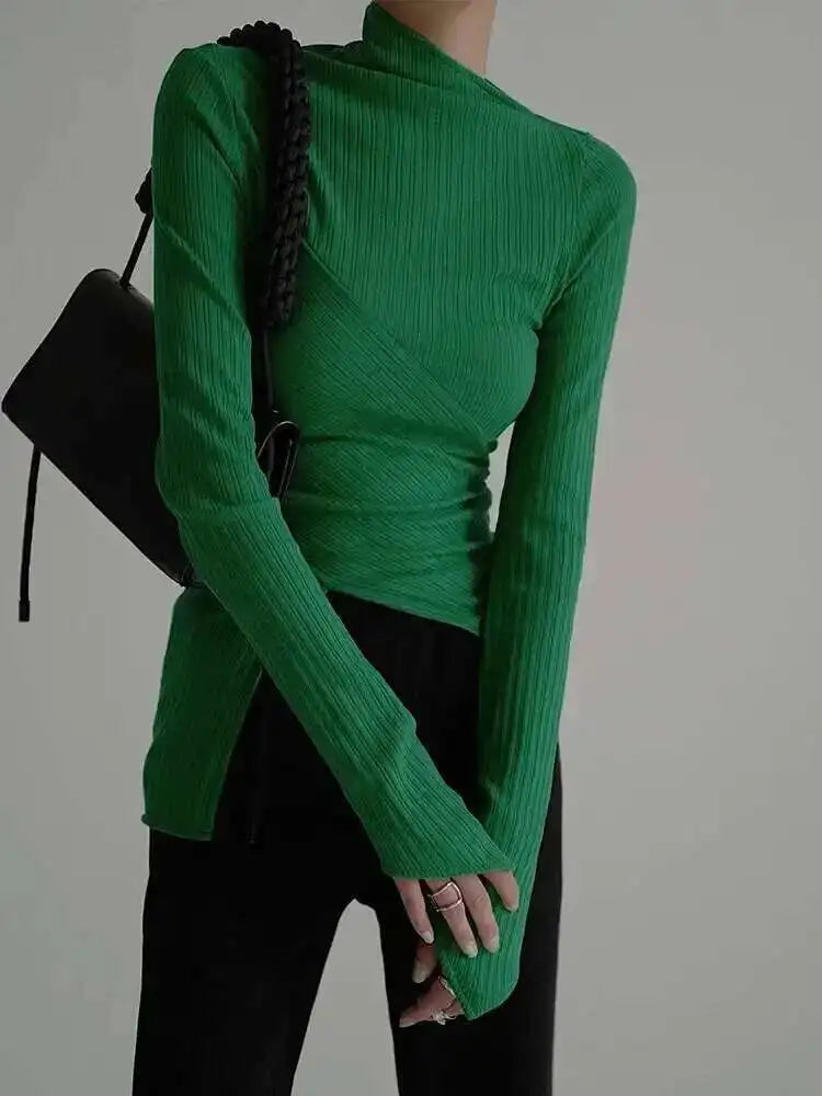 Women's Black Irregular High Elastic Knit Turtleneck Sweater Long Sleeve Pullover - Trendy Spring & Fall 2025 Fashion (1DF490) | Perfect for Office Wear, Casual Outings & Layering