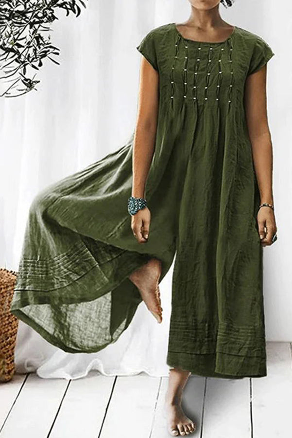 Tina Women's Short Sleeve Ruched Detail Wide Leg Jumpsuit - Casual Summer Outfit for Beach, Vacation & Date Night