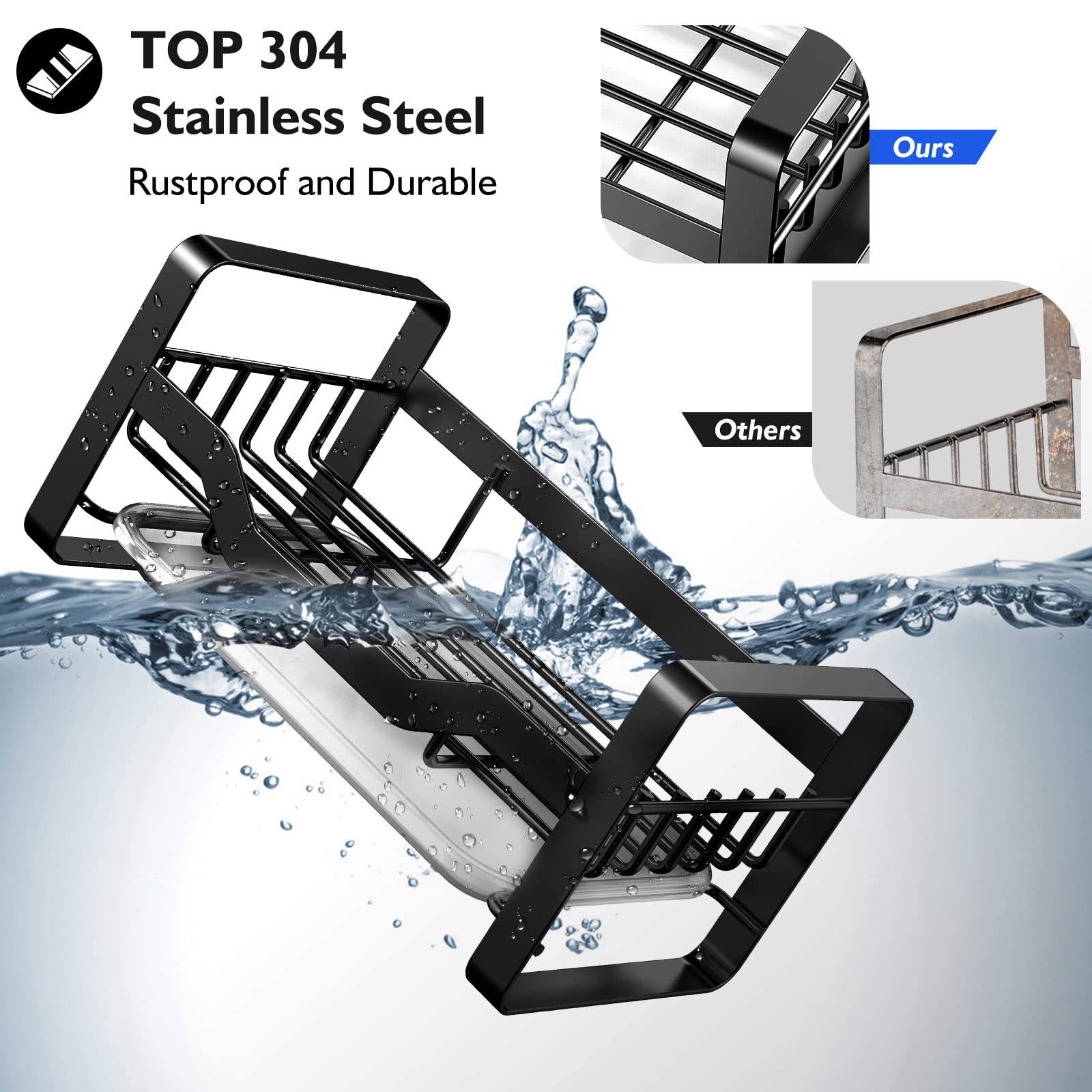 Stainless Steel Kitchen Sink Caddy Organizer - Sponge & Soap Holder with Removable Drain Tray | Countertop Storage for Brushes, Dish Soap Dispenser | Perfect for Small Kitchen Organization & Sink Accessories Storage