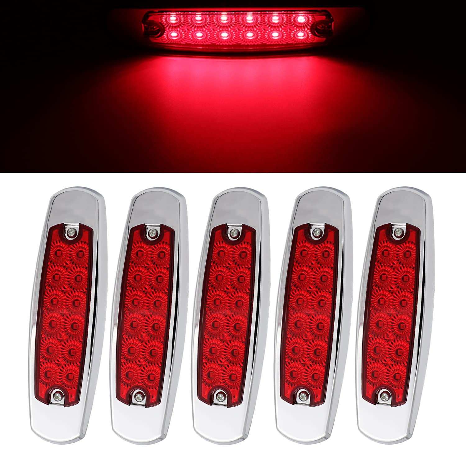 12V DC 6.4 Inch Slim Red LED Side Marker Lights - Waterproof Flush Mount Clearance Lamps for Trucks, Trailers, Lorries, Towing Vehicles [Pack of 5] - Durable Chrome Button Design for Safe Night Driving & Road Visibility